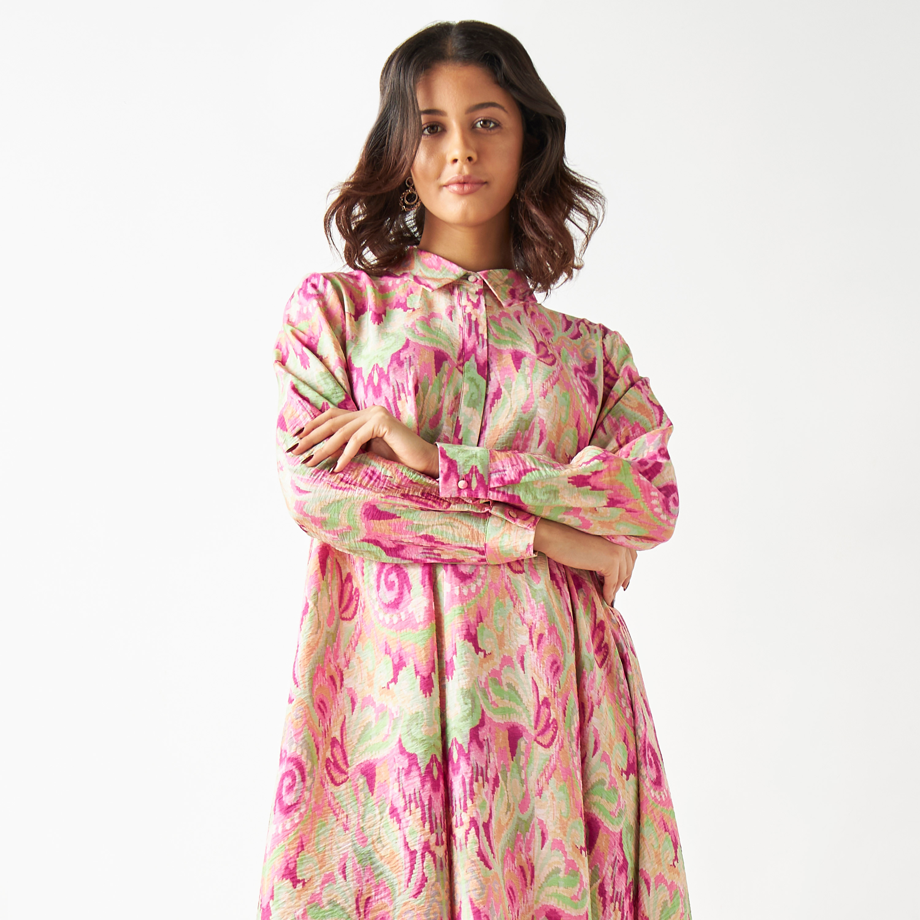 Buy Iconic All Over Print Trapeze Shirt Dress with Collar and Long Sleeves Splash Kuwait