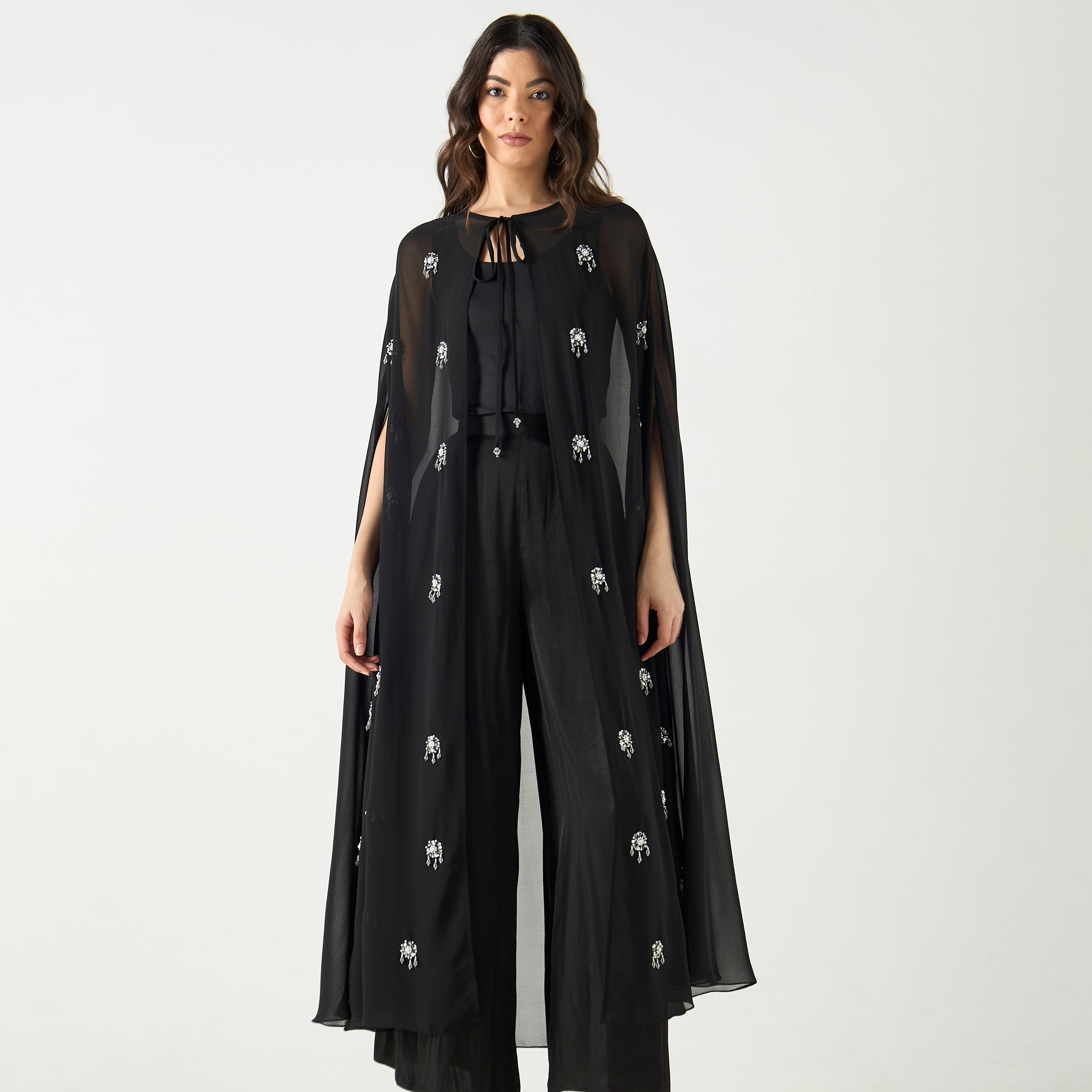 Buy Iconic Embellished Longline Cape with Tie Ups Splash UAE