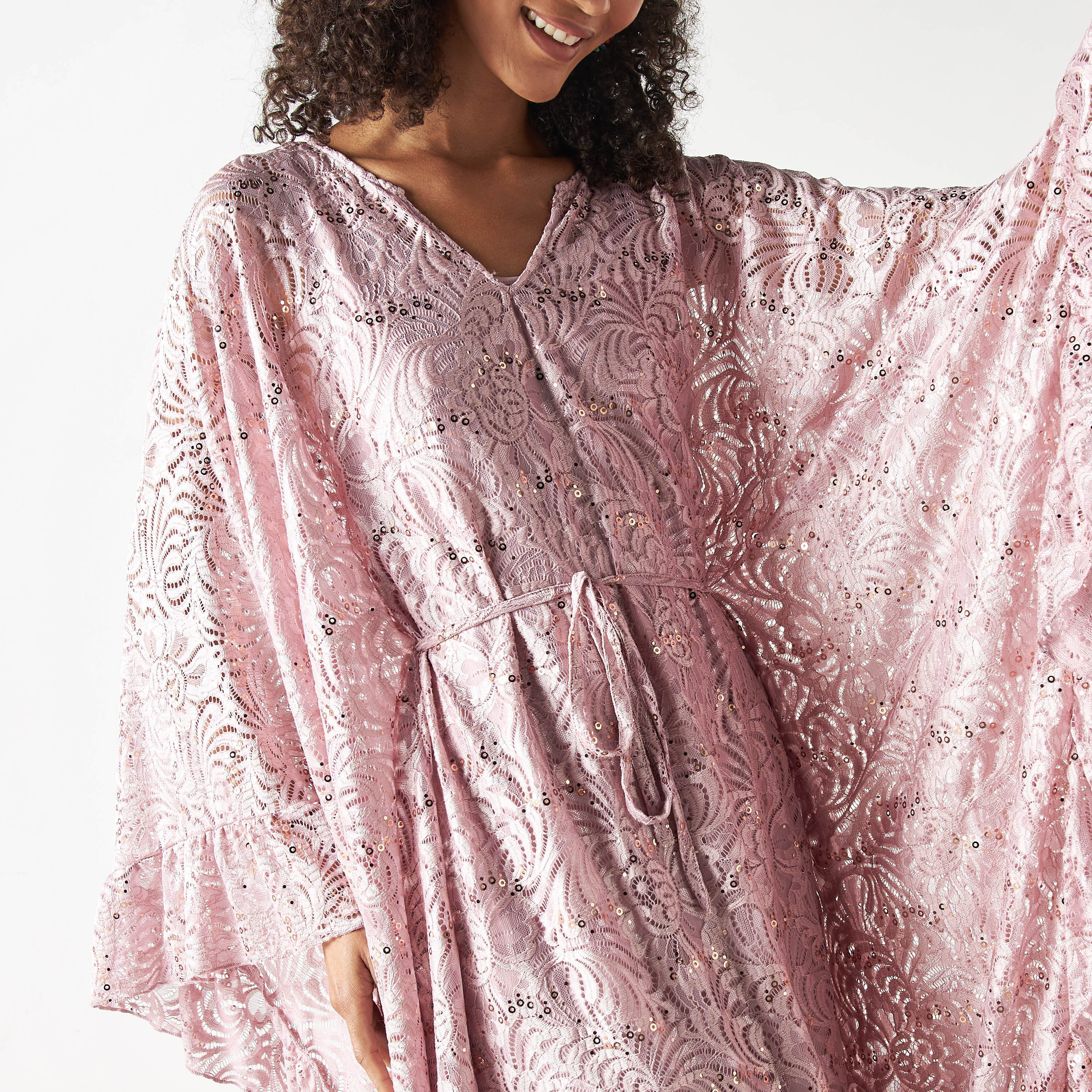 Shop Iconic All-Over Embellished Kaftan Dress with Tie-Up
