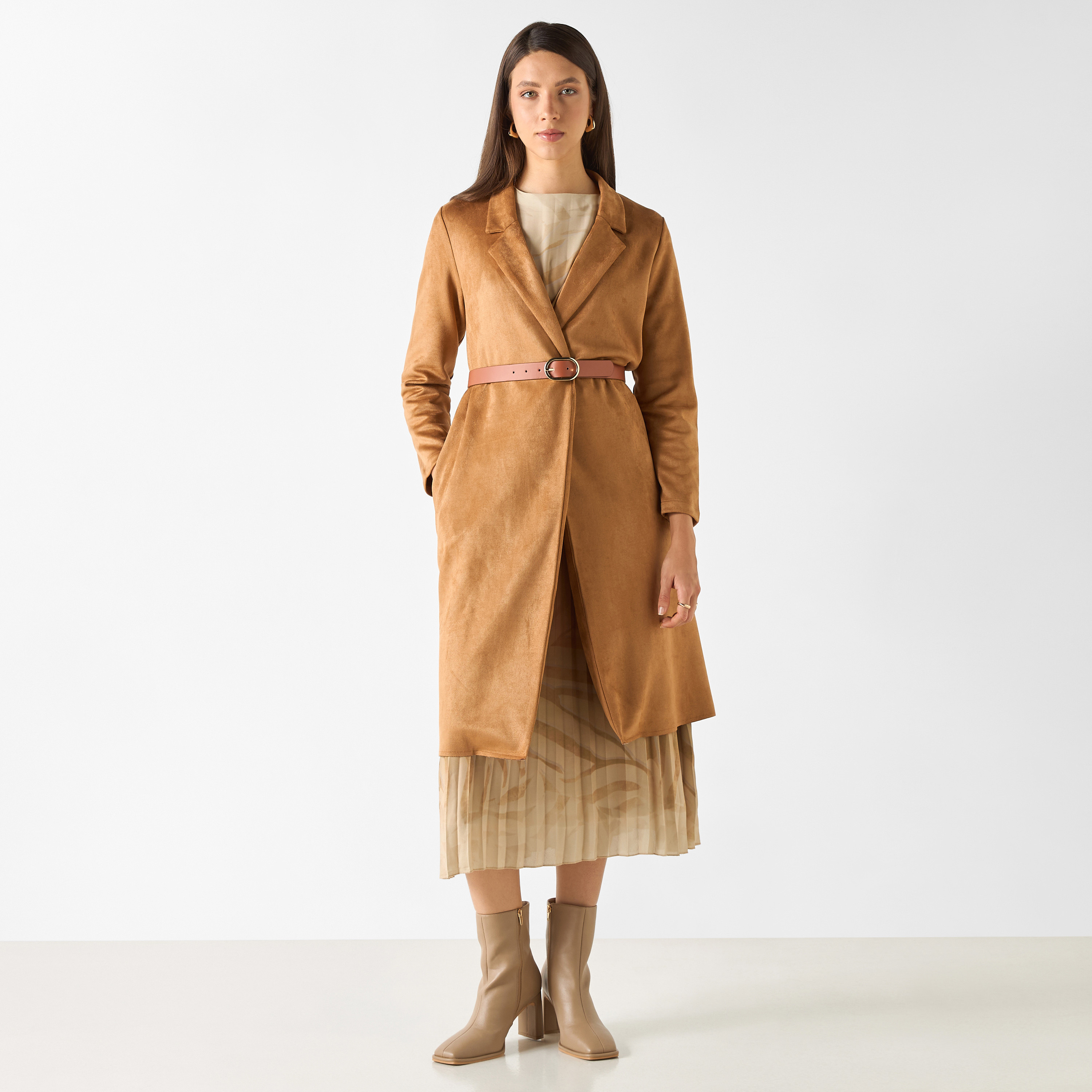 pipi　RIDGE POCKET BOA OVER COAT ブラウンS Shop Notch Lapel Trench Coat with Pockets and Long Sleeves