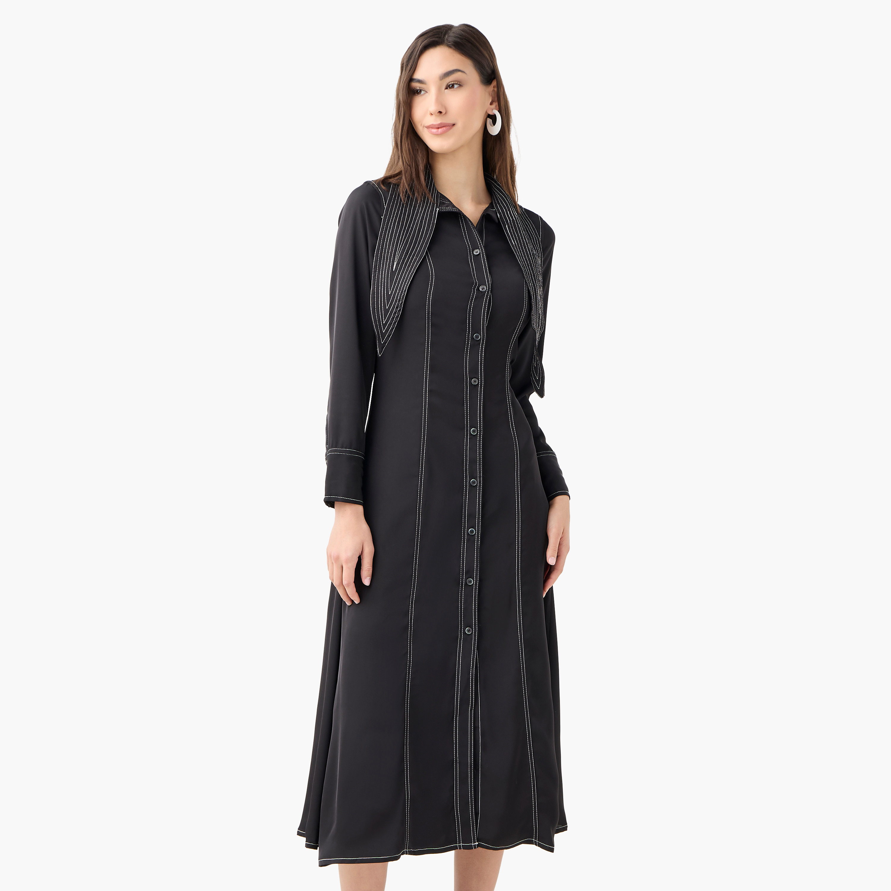 Iconic Stitch Detail Shirt Dress with Collar and Long Sleeves-women-clothing-dresses-image-1