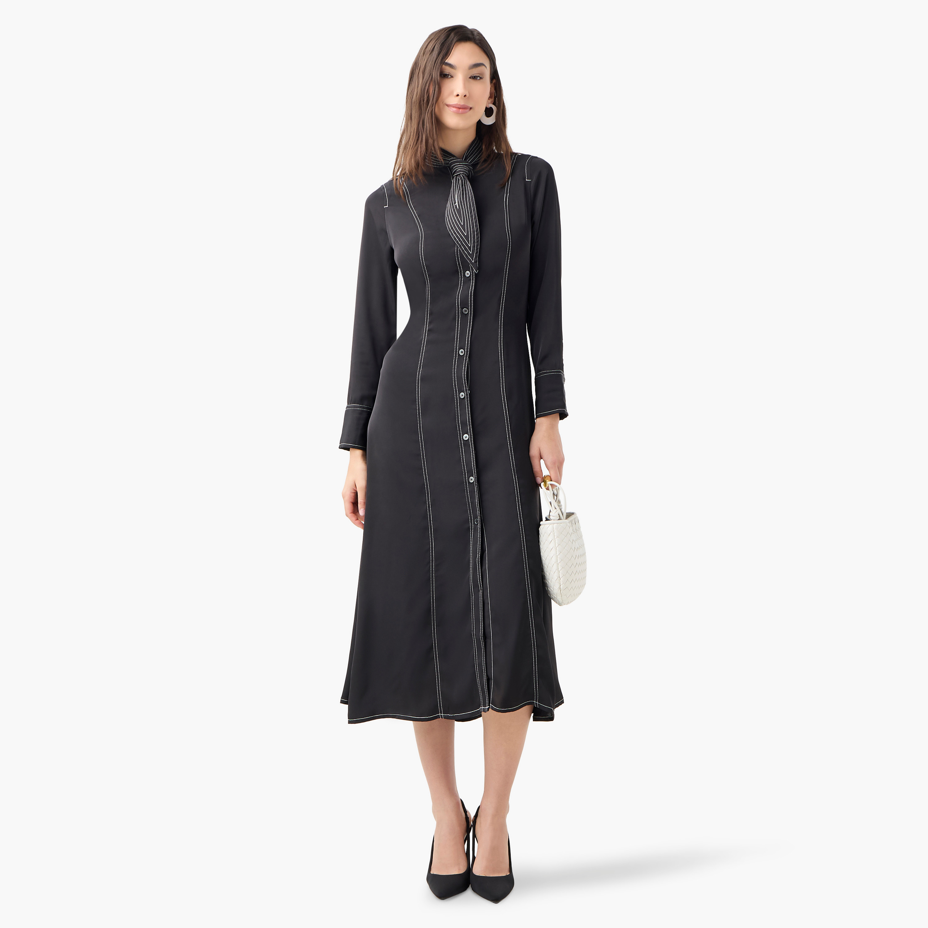 Iconic Stitch Detail Shirt Dress with Collar and Long Sleeves-women-clothing-dresses-image-2