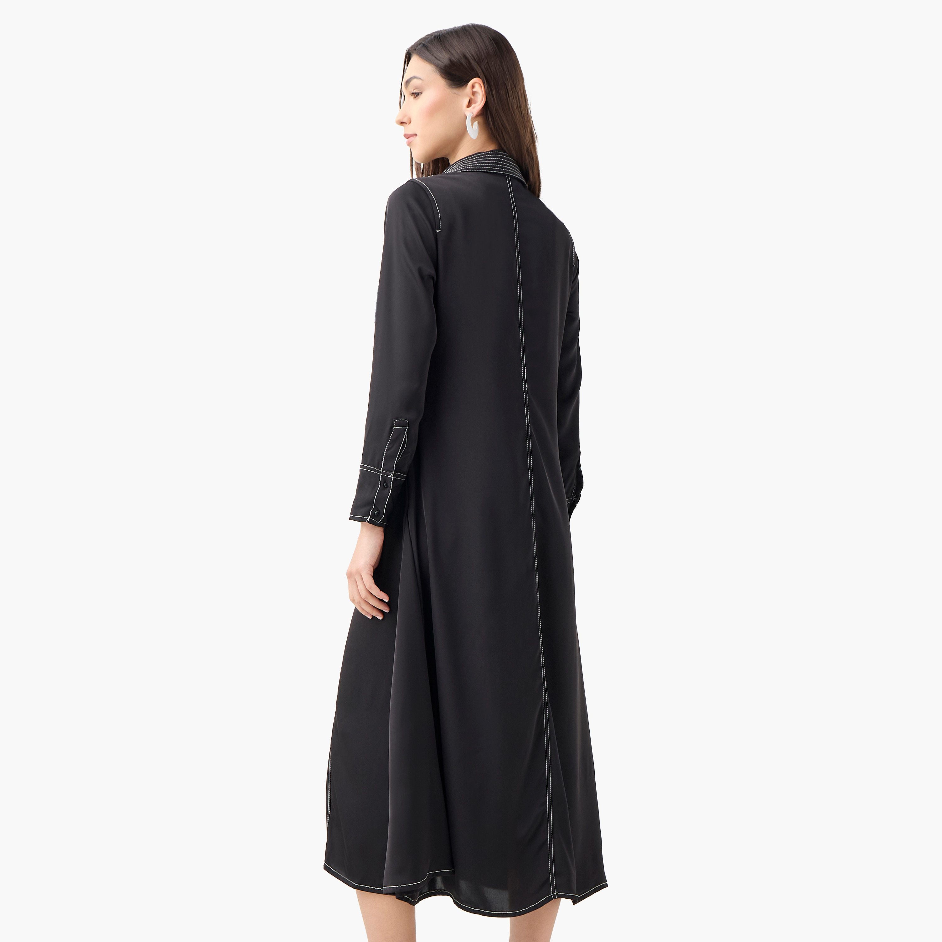 Iconic Stitch Detail Shirt Dress with Collar and Long Sleeves-women-clothing-dresses-image-3