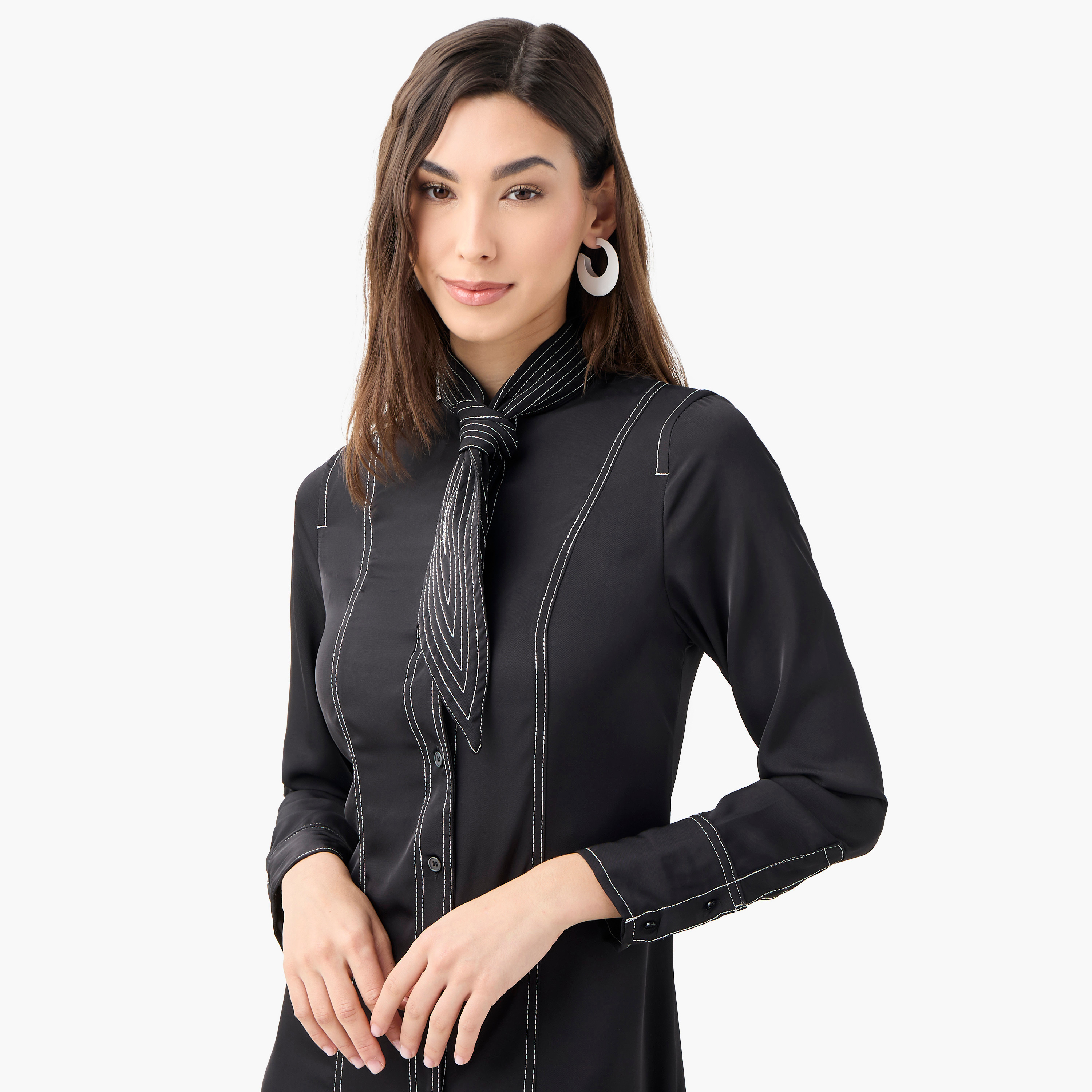 Iconic Stitch Detail Shirt Dress with Collar and Long Sleeves-women-clothing-dresses-image-4