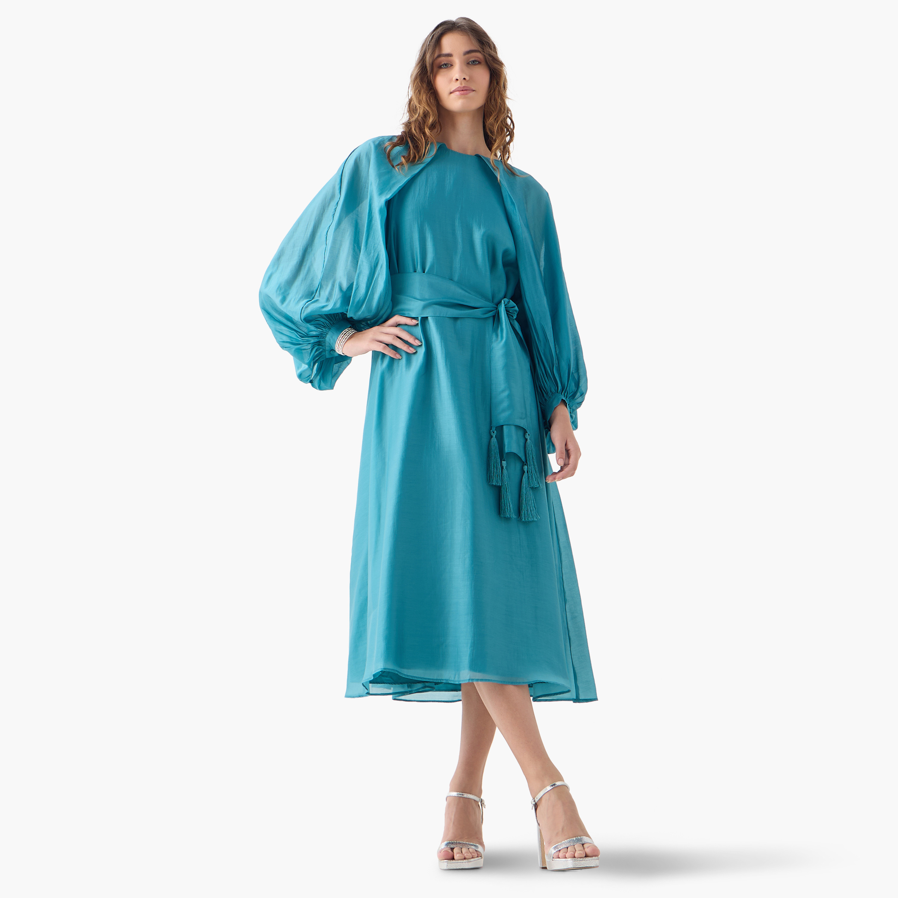 Iconic Volume Sleeves Dress with Tie-Ups-women-clothing-dresses-image-1
