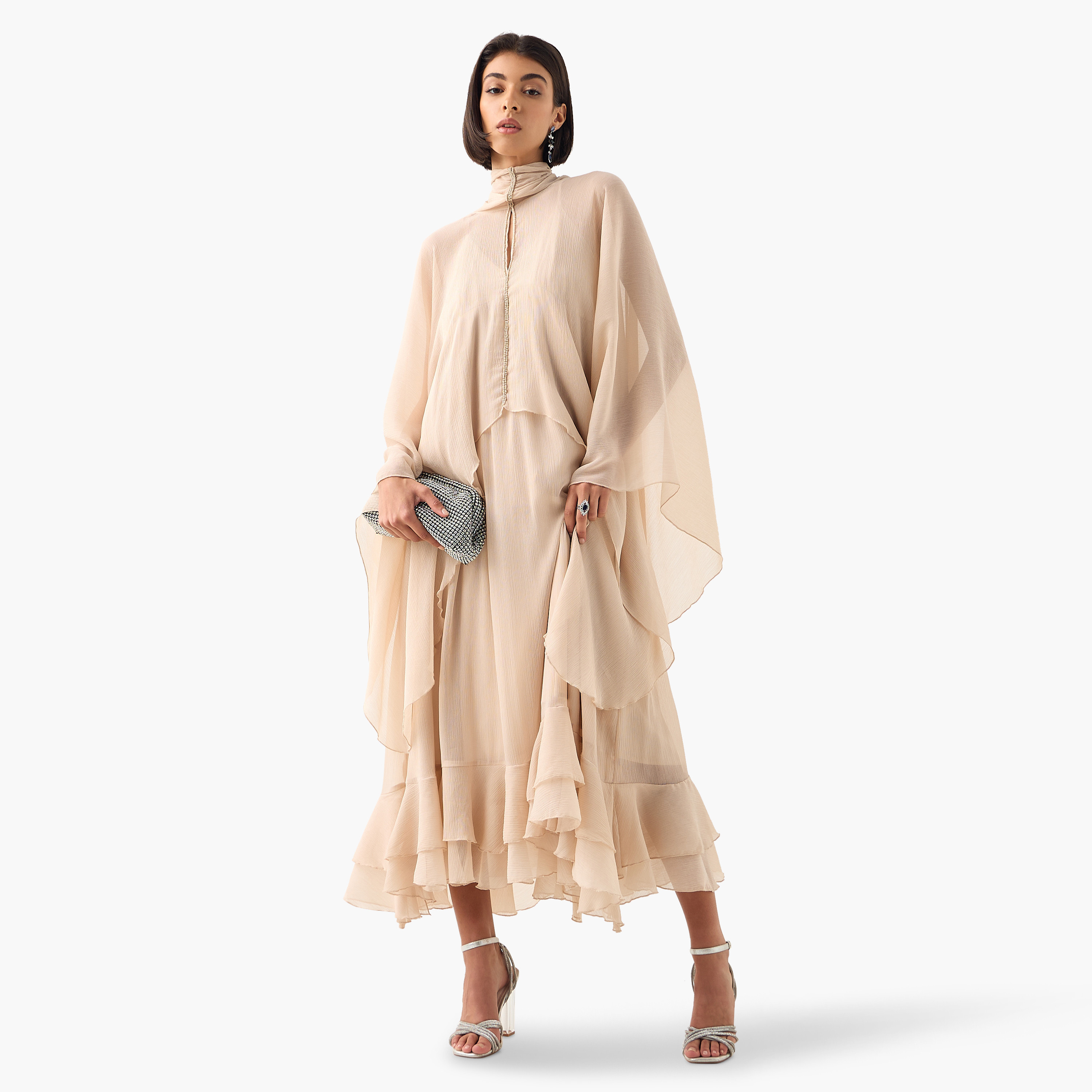 Iconic Embellished High Neck Midi Dress with Cape Sleeves and Ruffle Detail-women-clothing-dresses-image-1