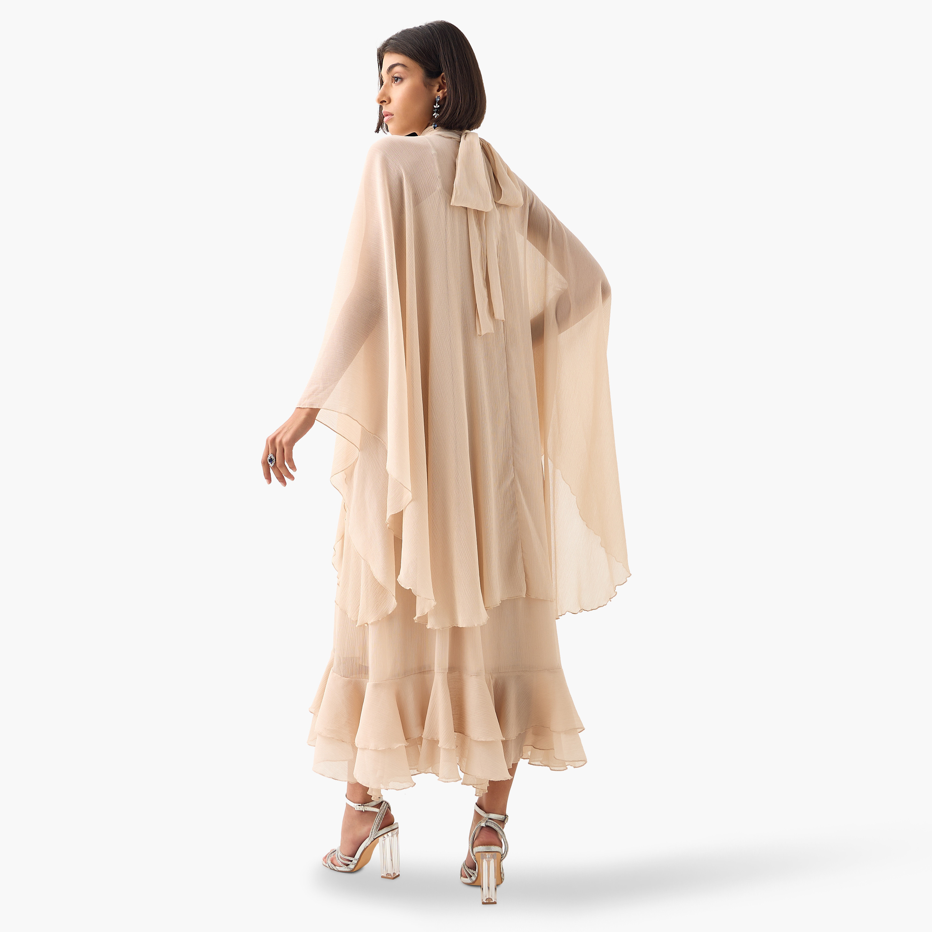 Iconic Embellished High Neck Midi Dress with Cape Sleeves and Ruffle Detail-women-clothing-dresses-image-2