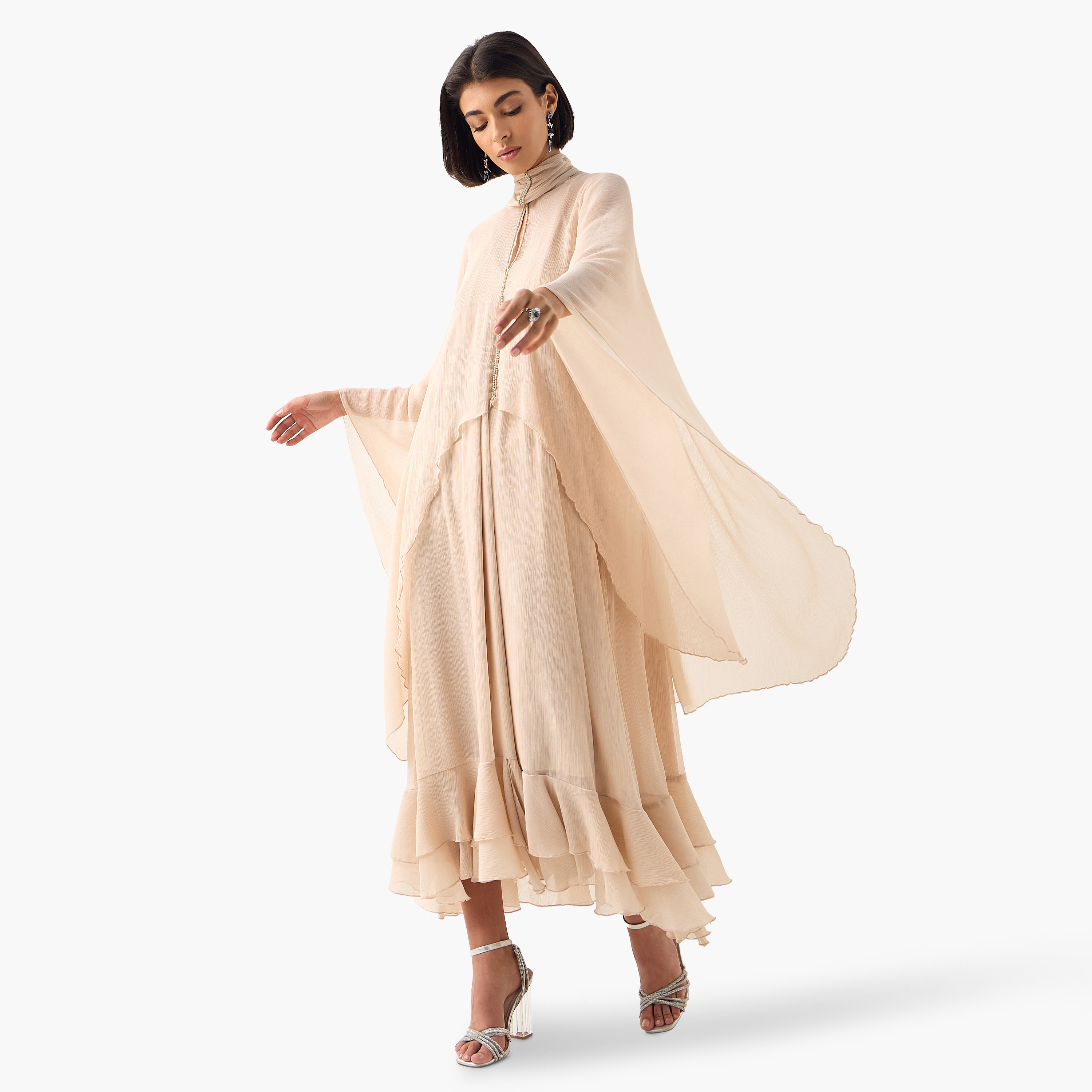Iconic Embellished High Neck Midi Dress with Cape Sleeves and Ruffle Detail-women-clothing-dresses-image-3