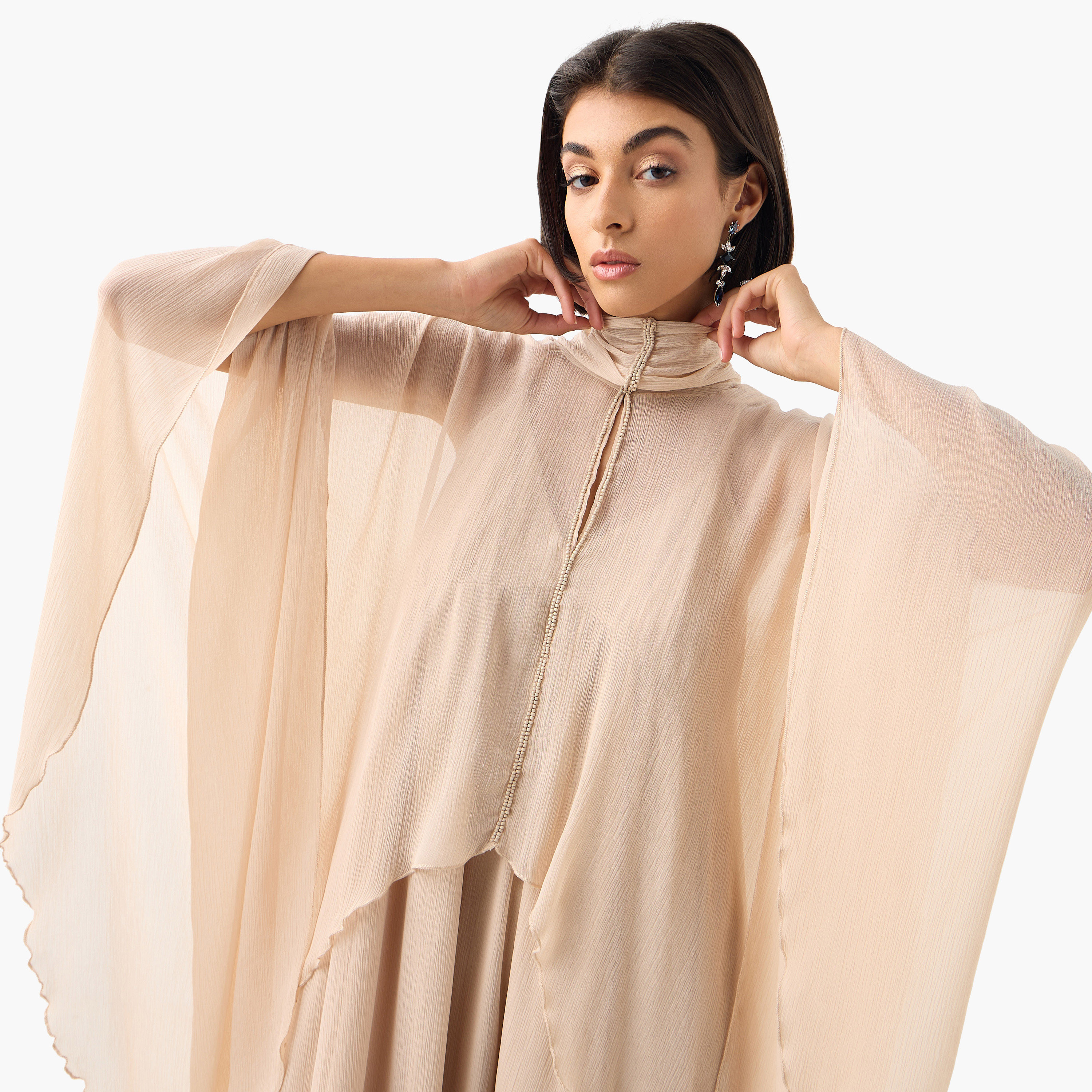 Iconic Embellished High Neck Midi Dress with Cape Sleeves and Ruffle Detail-women-clothing-dresses-image-4