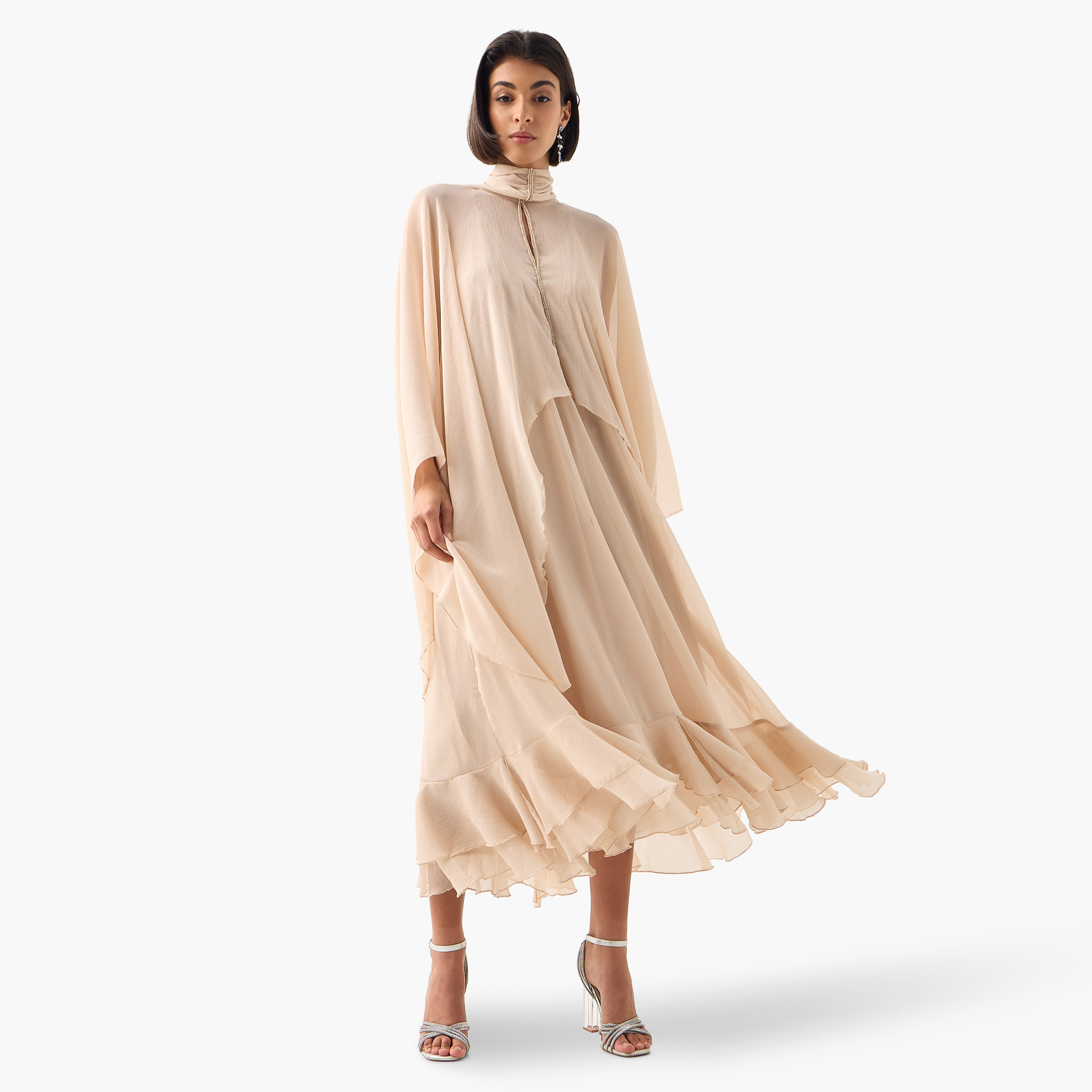 Iconic Embellished High Neck Midi Dress with Cape Sleeves and Ruffle Detail-women-clothing-dresses-image-6
