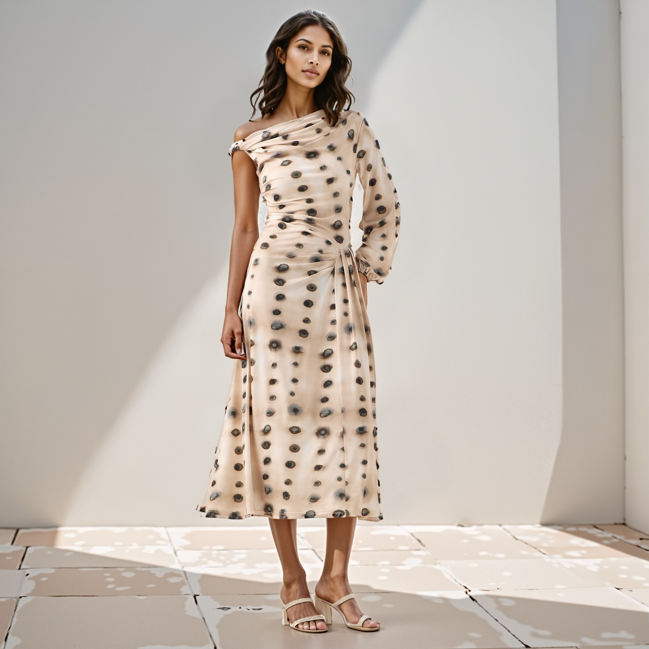 Iconic All-Over Print One Shoulder Dress with Drape Detail-women-clothing-dresses-image-1