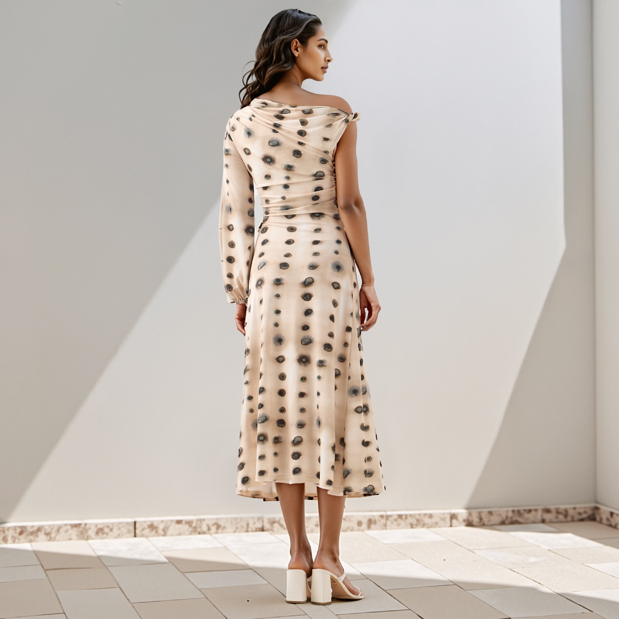 Iconic All-Over Print One Shoulder Dress with Drape Detail-women-clothing-dresses-image-3