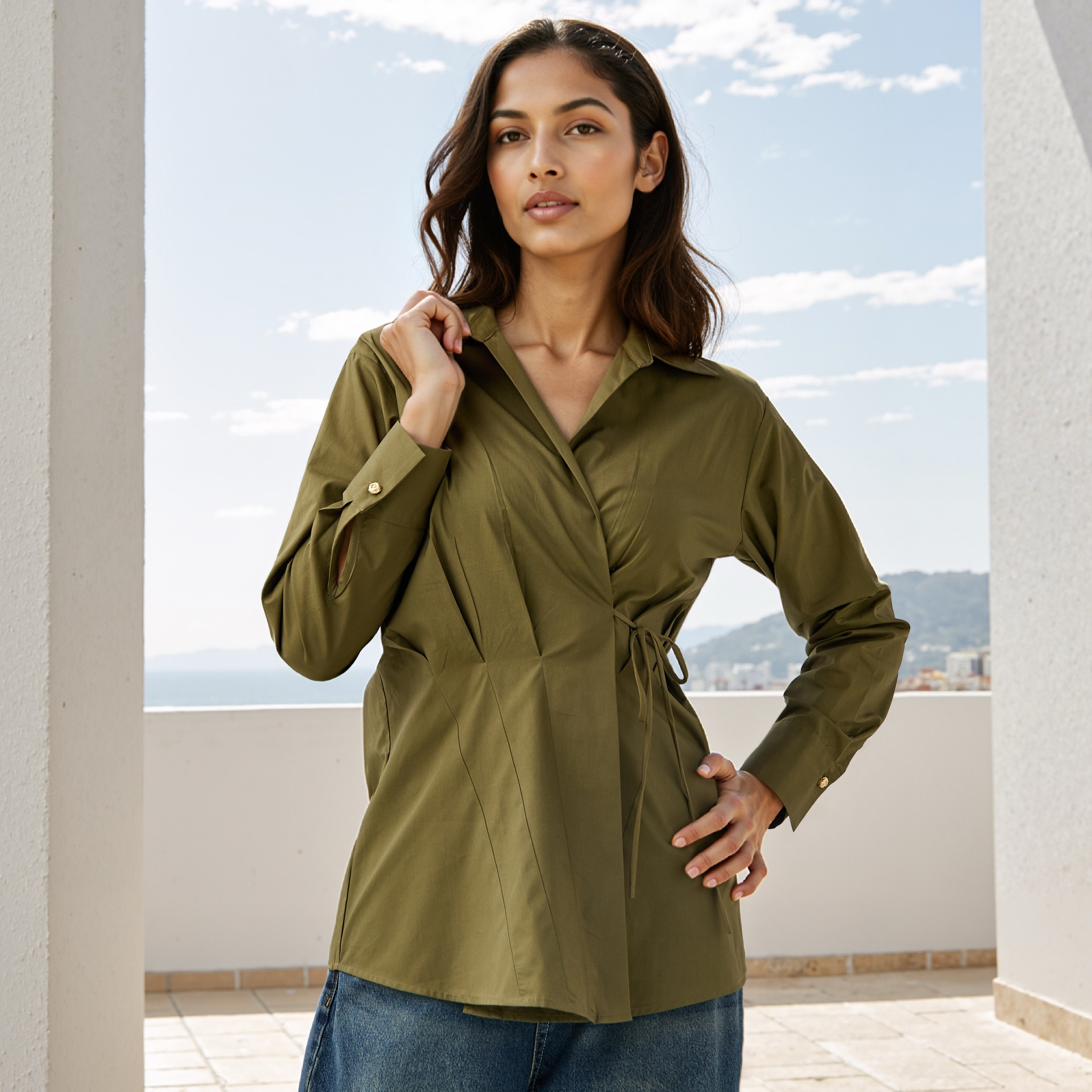 Iconic Poplin Wrap Cotton Top with Collar and Long Sleeves-women-clothing-shirtsandblouses-blouses-image-1
