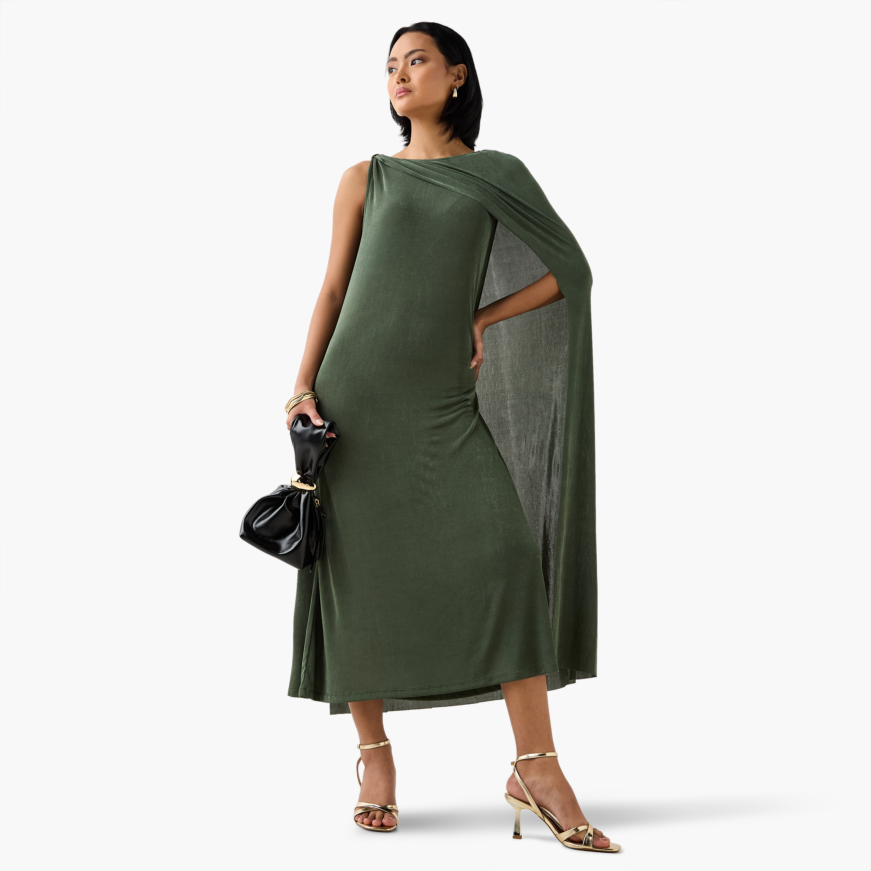 Iconic Cape Midi Sleeveless Dress with Round Neck-women-clothing-dresses-image-2