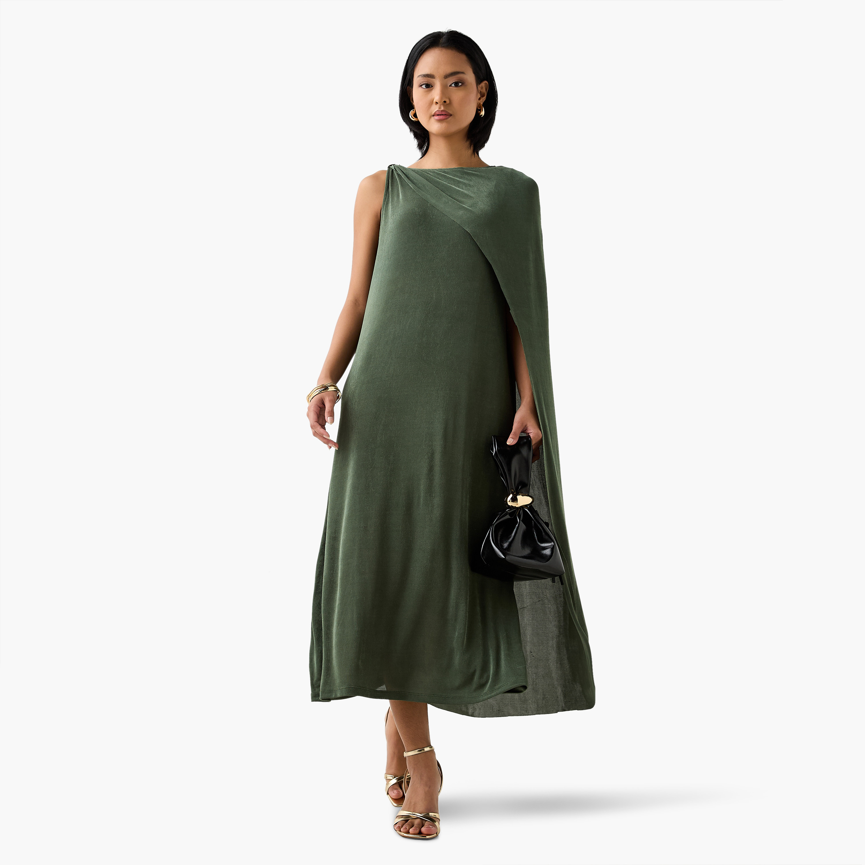 Iconic Cape Midi Sleeveless Dress with Round Neck-women-clothing-dresses-image-1