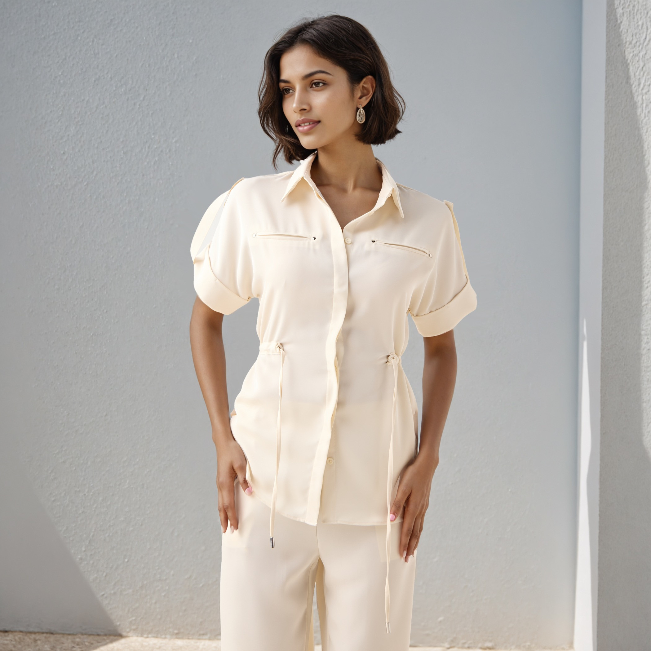 Iconic Regular Fit Collared Utility Viscose Shirt with Tie-Up Detail-women-clothing-shirtsandblouses-shirts-image-1
