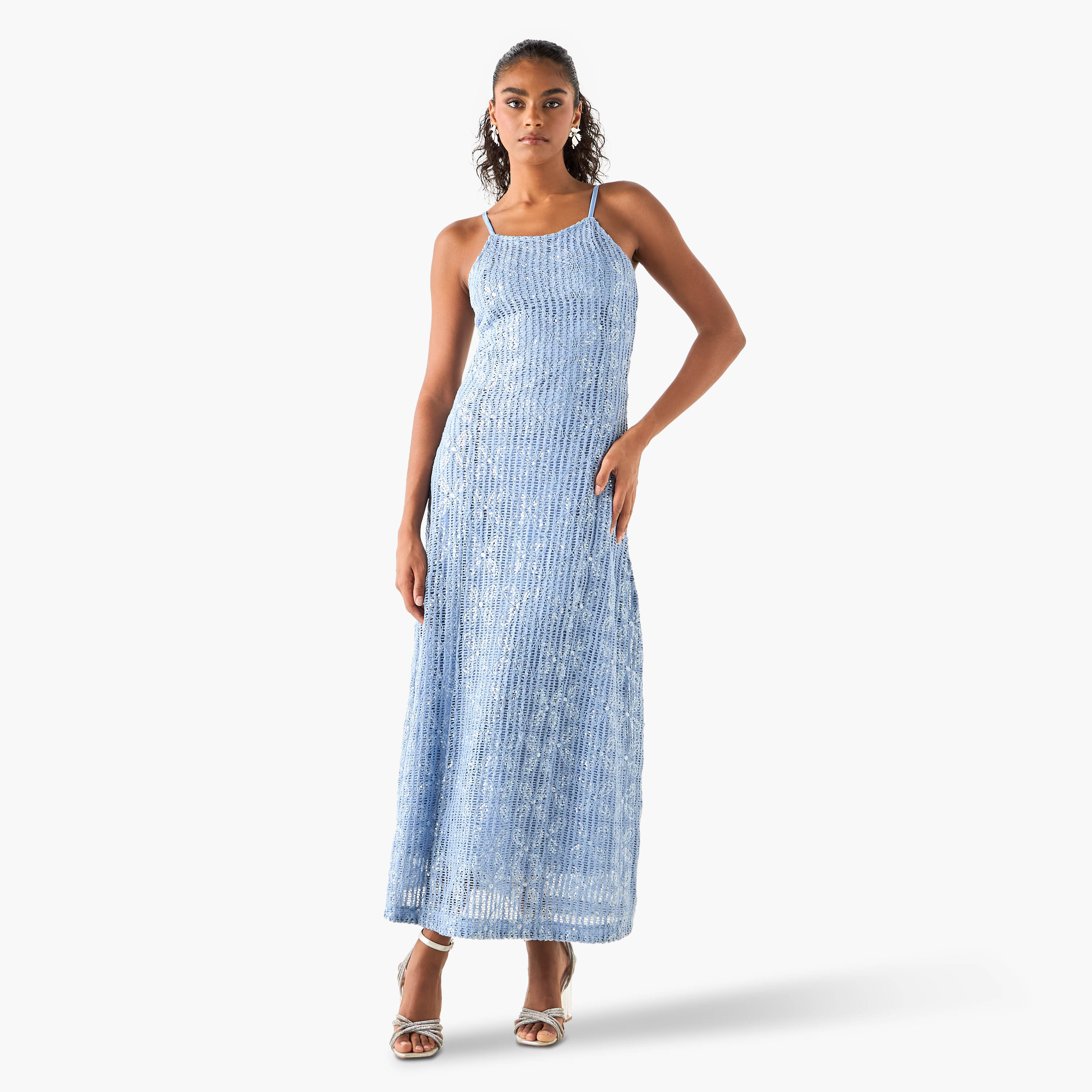 Iconic Sequin Embellished Crochet Dress with Spaghetti Straps-women-clothing-dresses-image-1