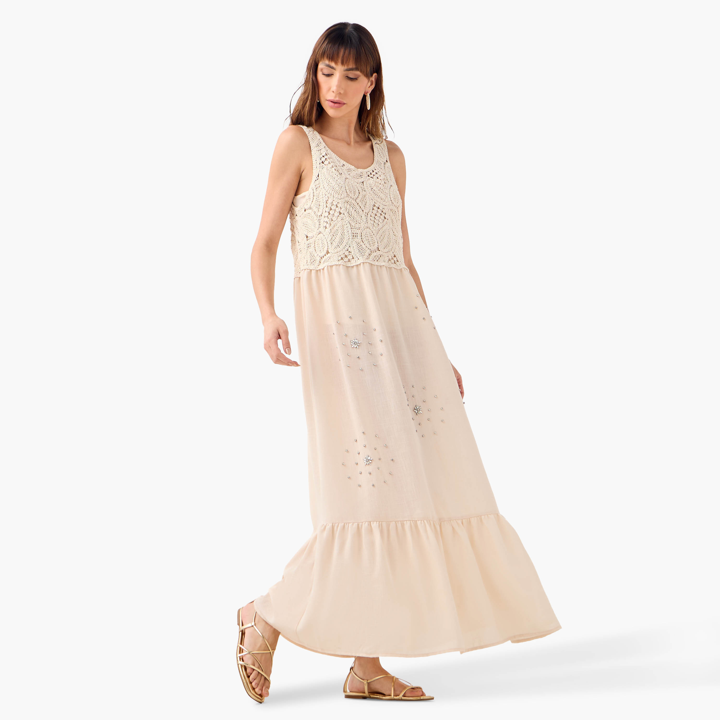 Iconic Crystal Embellished Sleeveless Dress with Crochet Detail-women-clothing-dresses-image-2