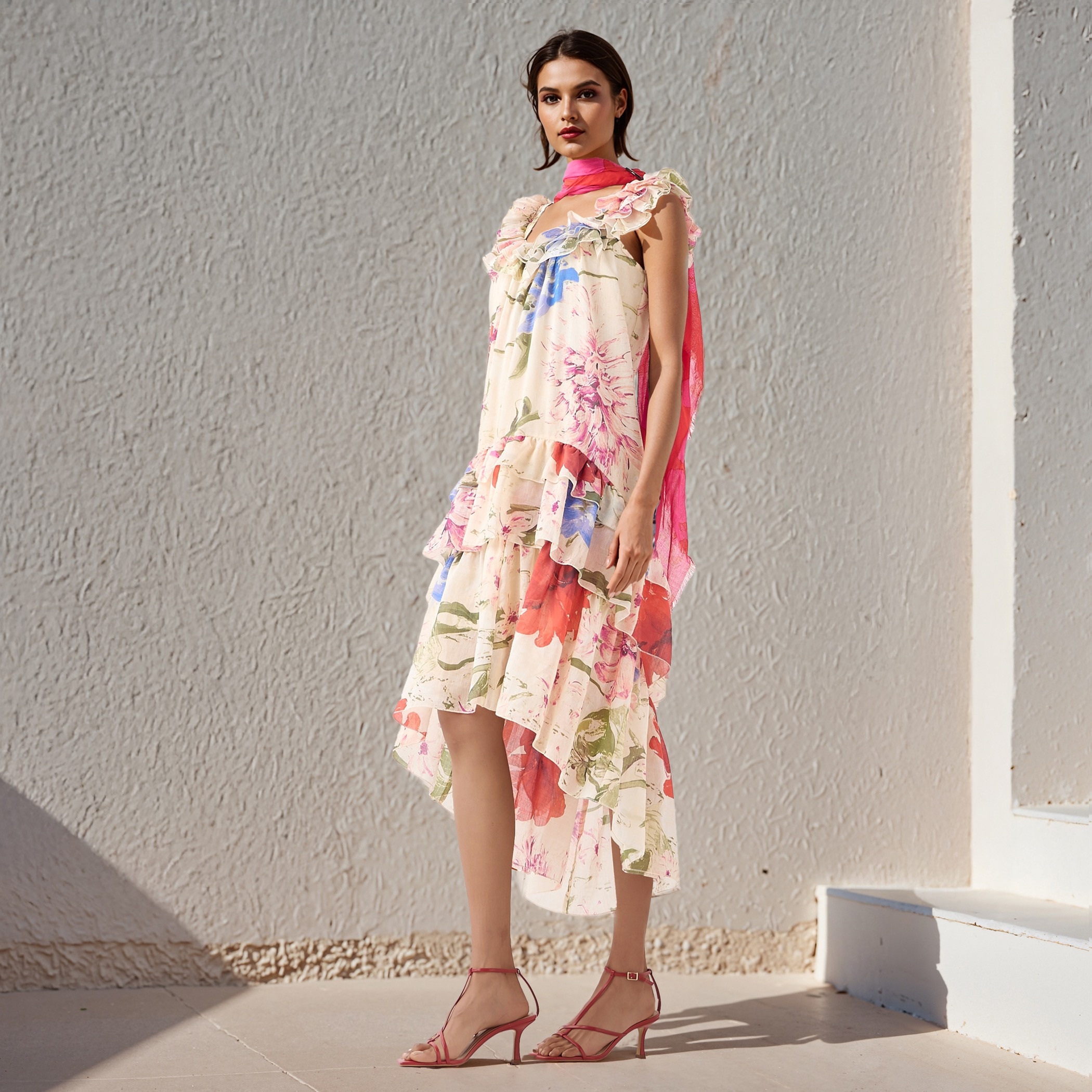 فستان بدون أكمام من مزيج الكتان بطبعات زهور وياقة عميقة وتفاصيل كشكش من آيكونيك-women-clothing-dresses-image-1