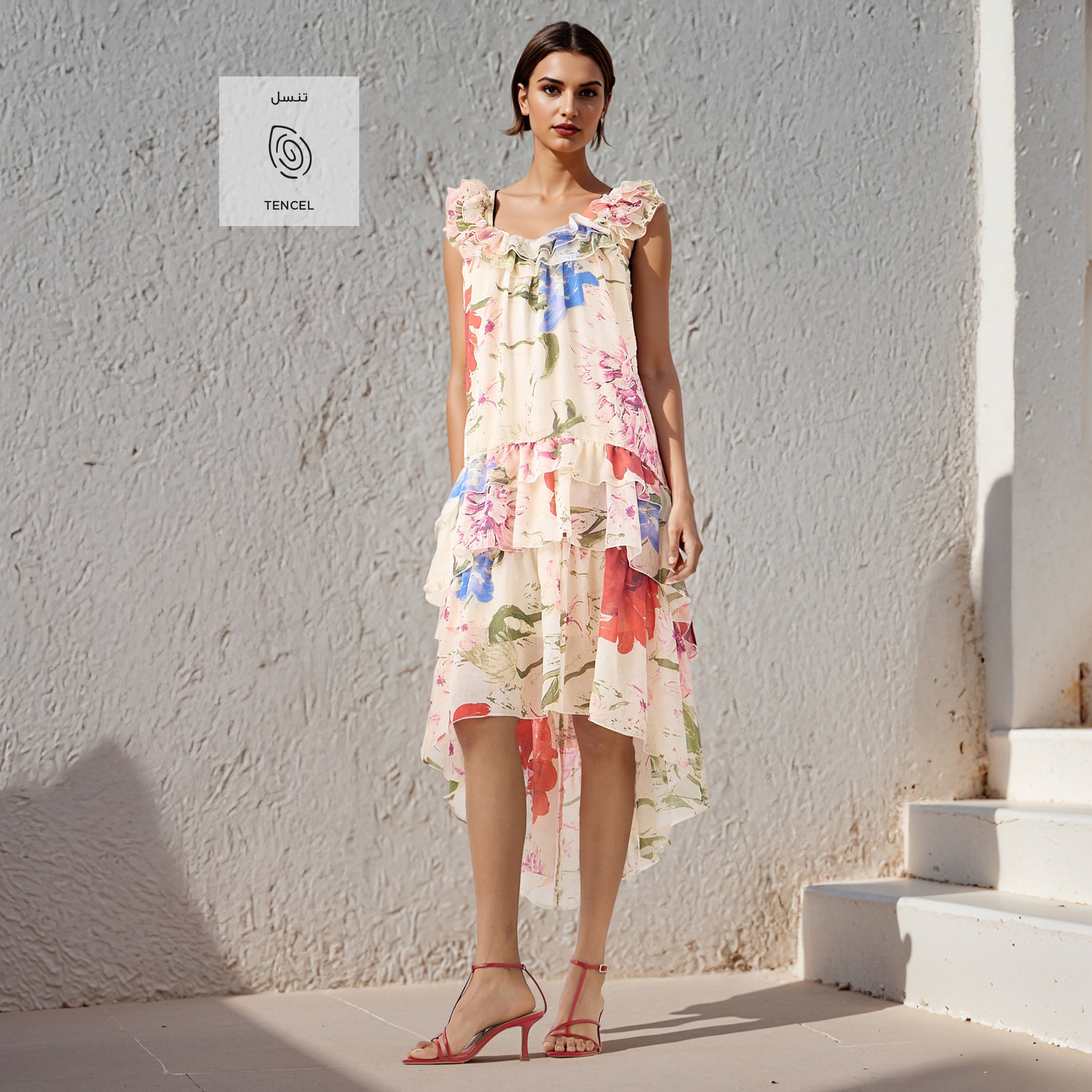 Iconic Floral Print Sleeveless Linen Blend Dress with Scoop Neck and Ruffle Detail-women-clothing-dresses-image-2