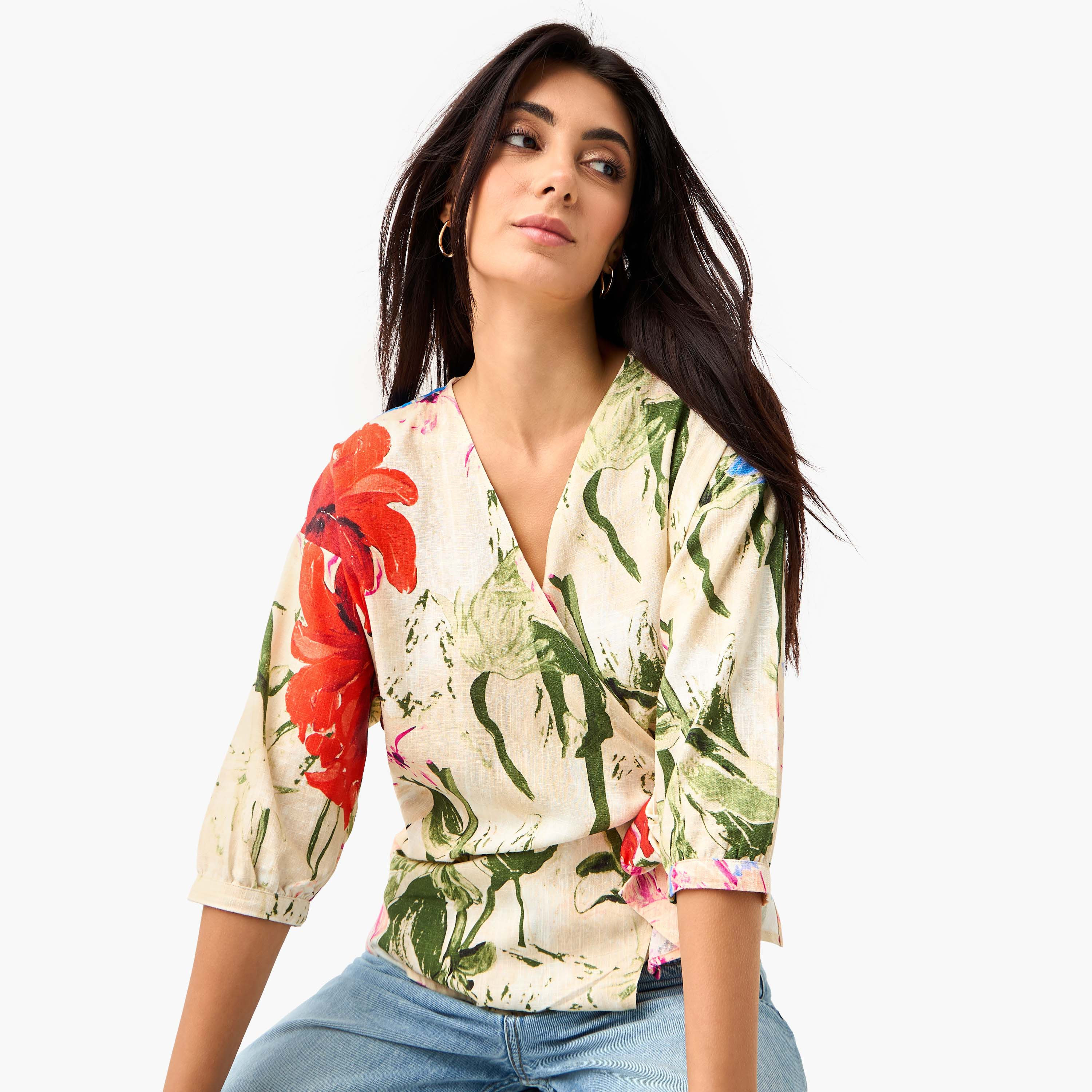 Iconic Floral Print Wrap Linen Blend Top with Tie-Up-women-clothing-shirtsandblouses-blouses-image-1