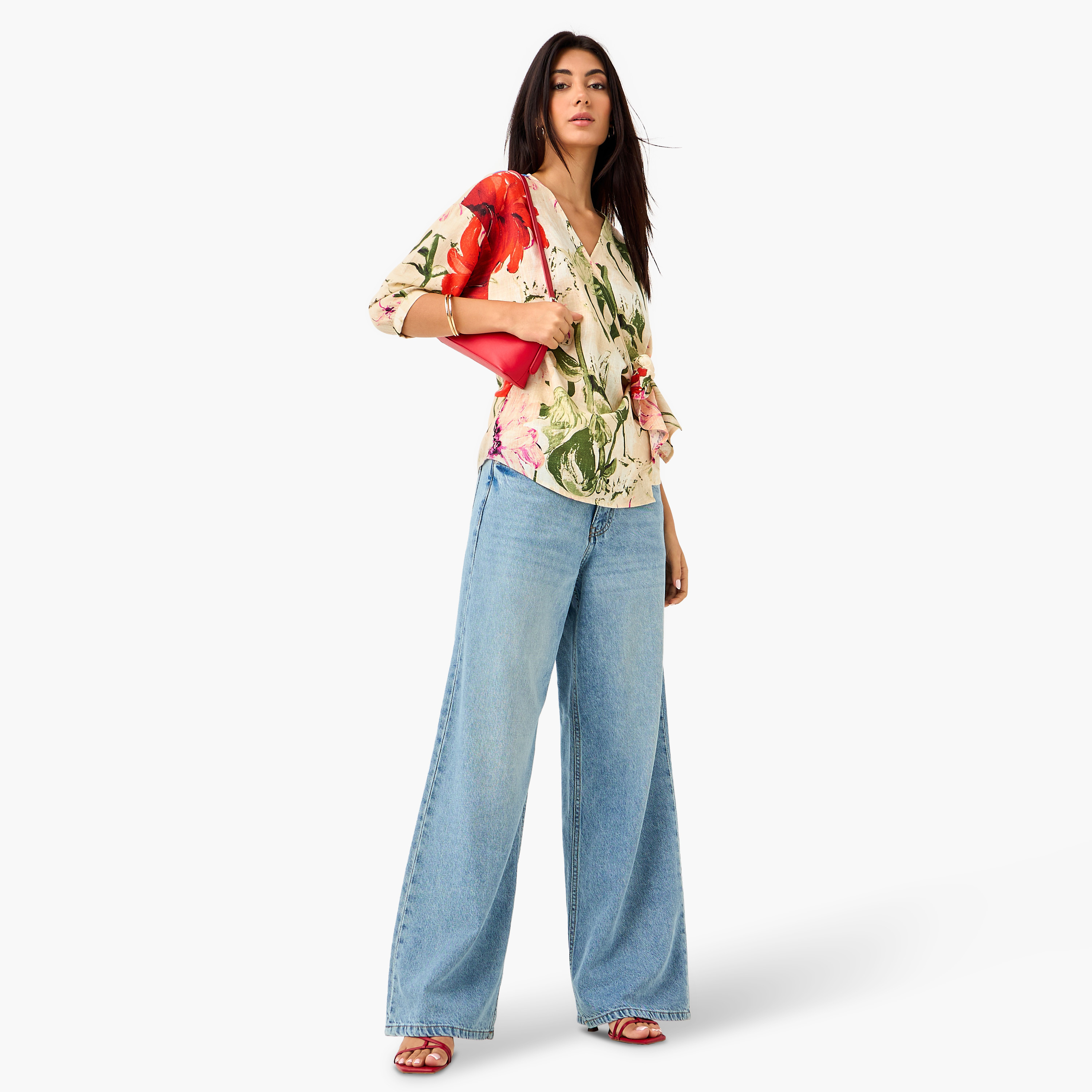 Iconic Floral Print Wrap Linen Blend Top with Tie-Up-women-clothing-shirtsandblouses-blouses-image-2