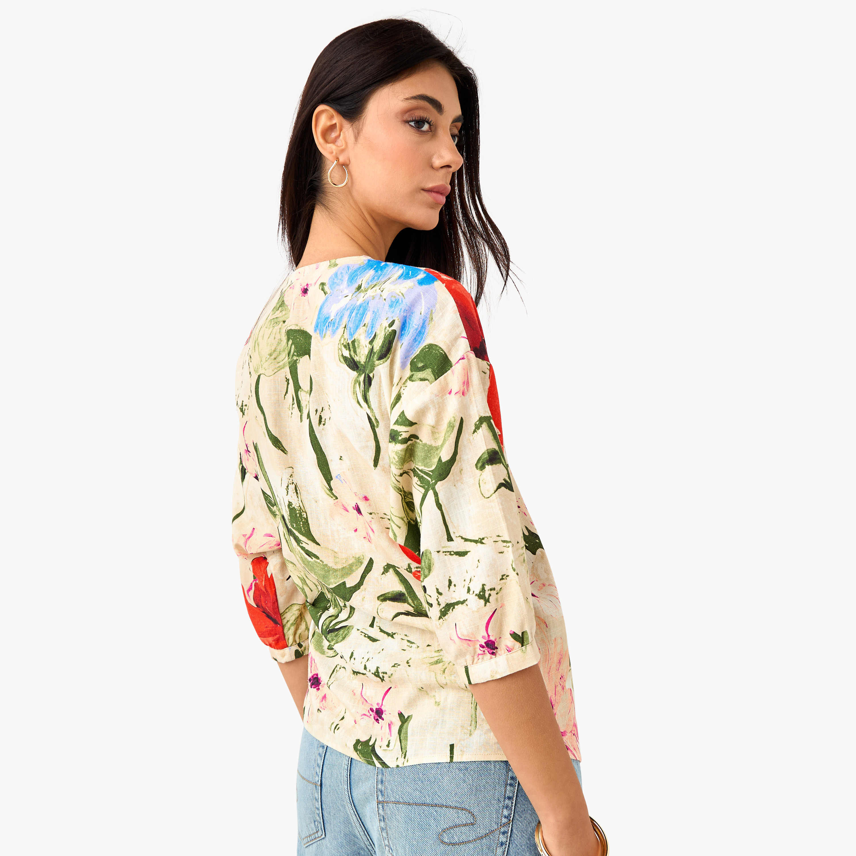 Iconic Floral Print Wrap Linen Blend Top with Tie-Up-women-clothing-shirtsandblouses-blouses-image-3