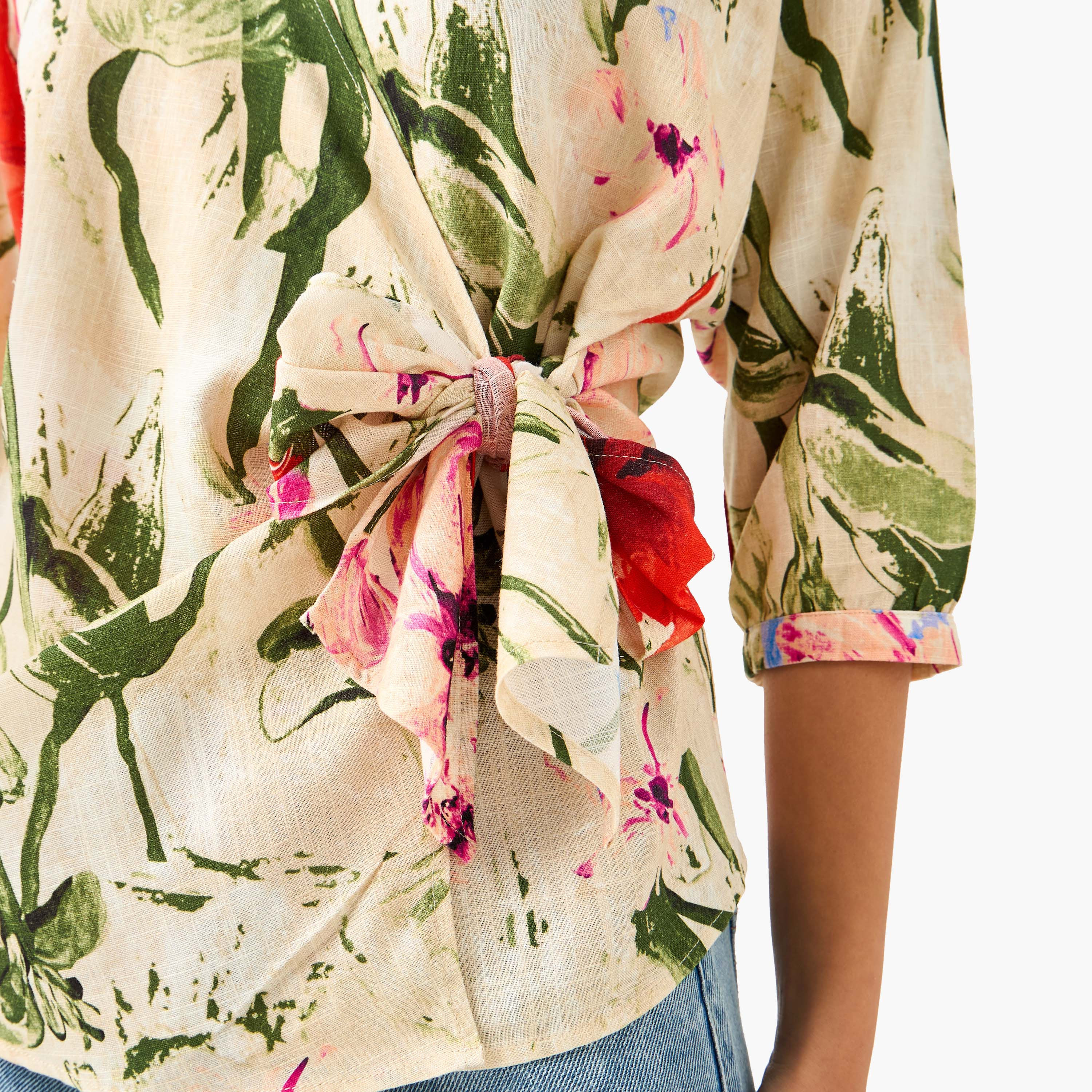 Iconic Floral Print Wrap Linen Blend Top with Tie-Up-women-clothing-shirtsandblouses-blouses-image-4