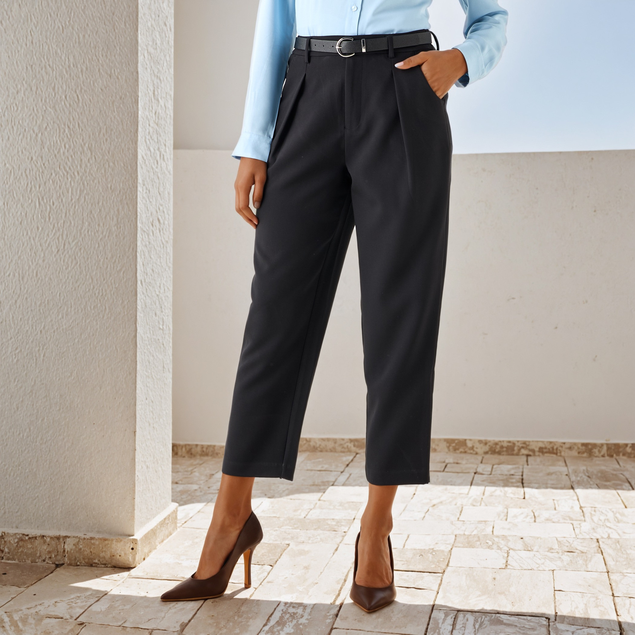 Iconic Regular Fit Belted Pegged Pants with Pockets-women-clothing-bottoms-trousers-image-1