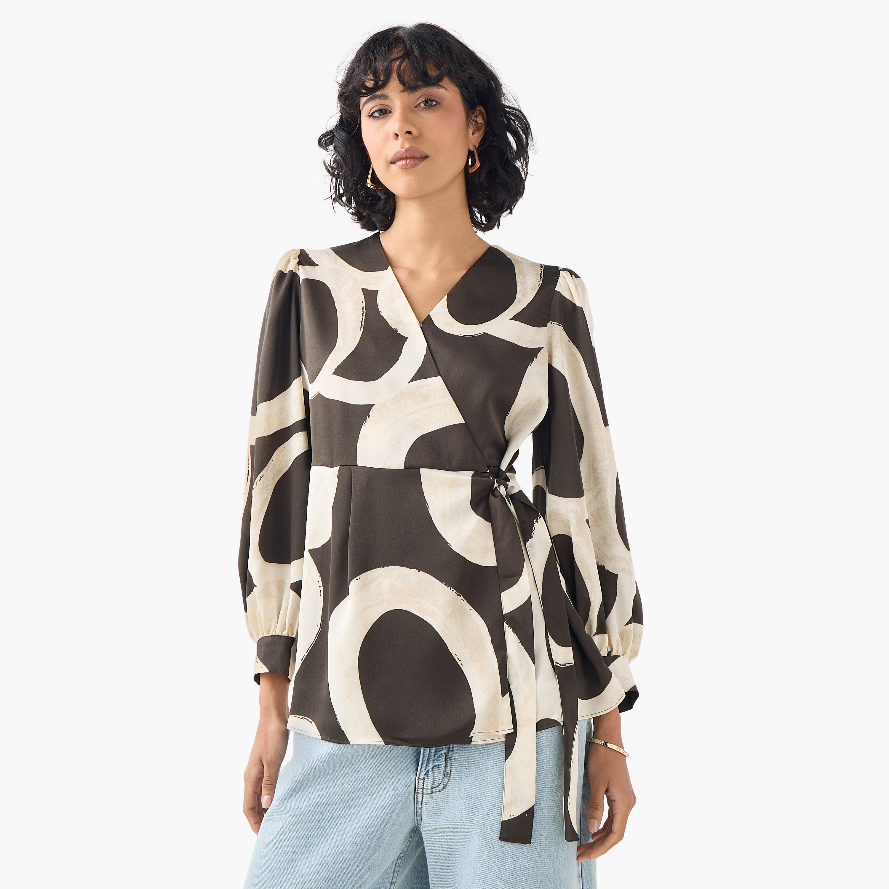 Iconic Printed V-neck Wrap Top with Long Sleeves and Tie-Up Detail-women-clothing-shirtsandblouses-blouses-image-1