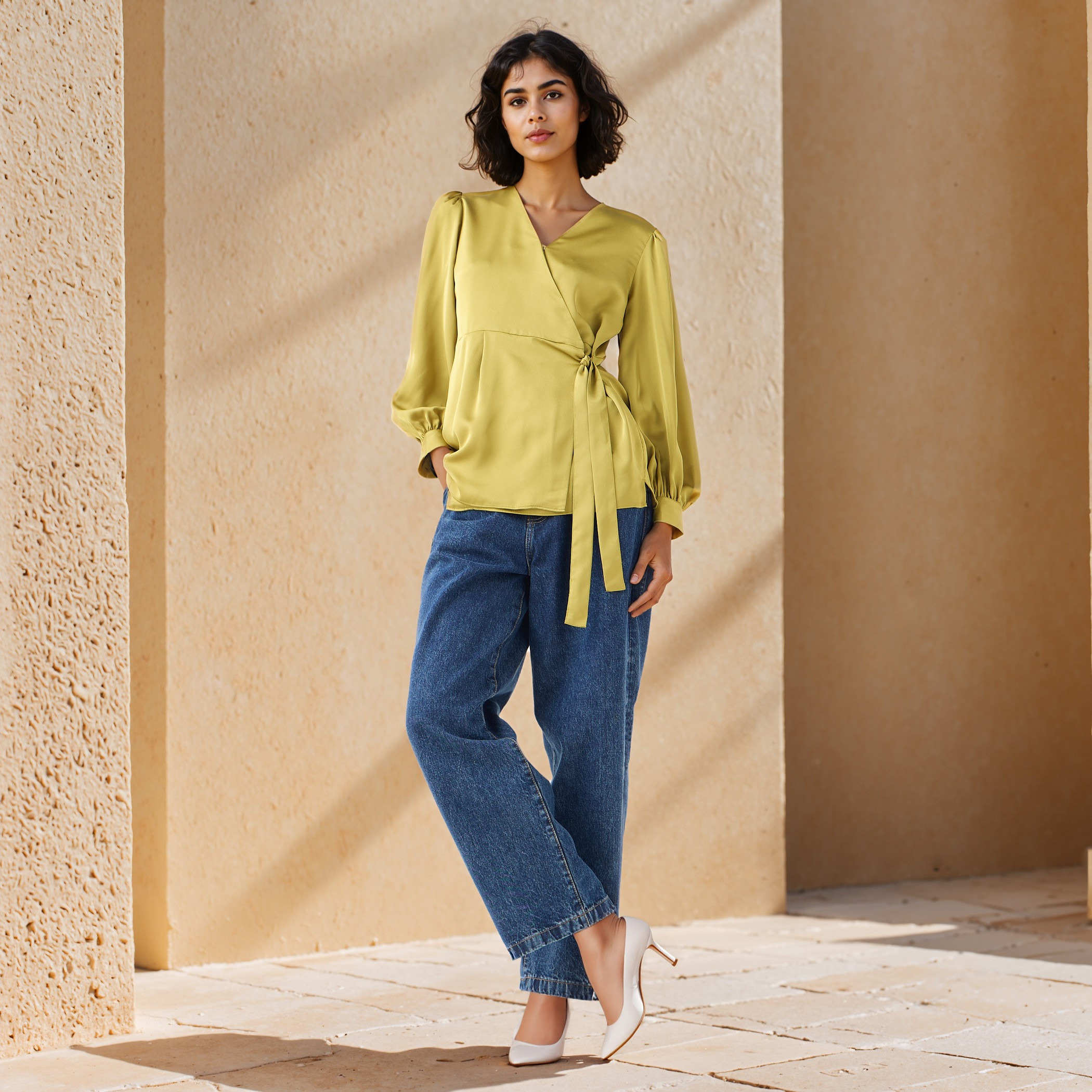Iconic V-neck Wrap Top with Long Sleeves and Tie-Up Detail-women-clothing-shirtsandblouses-blouses-image-2