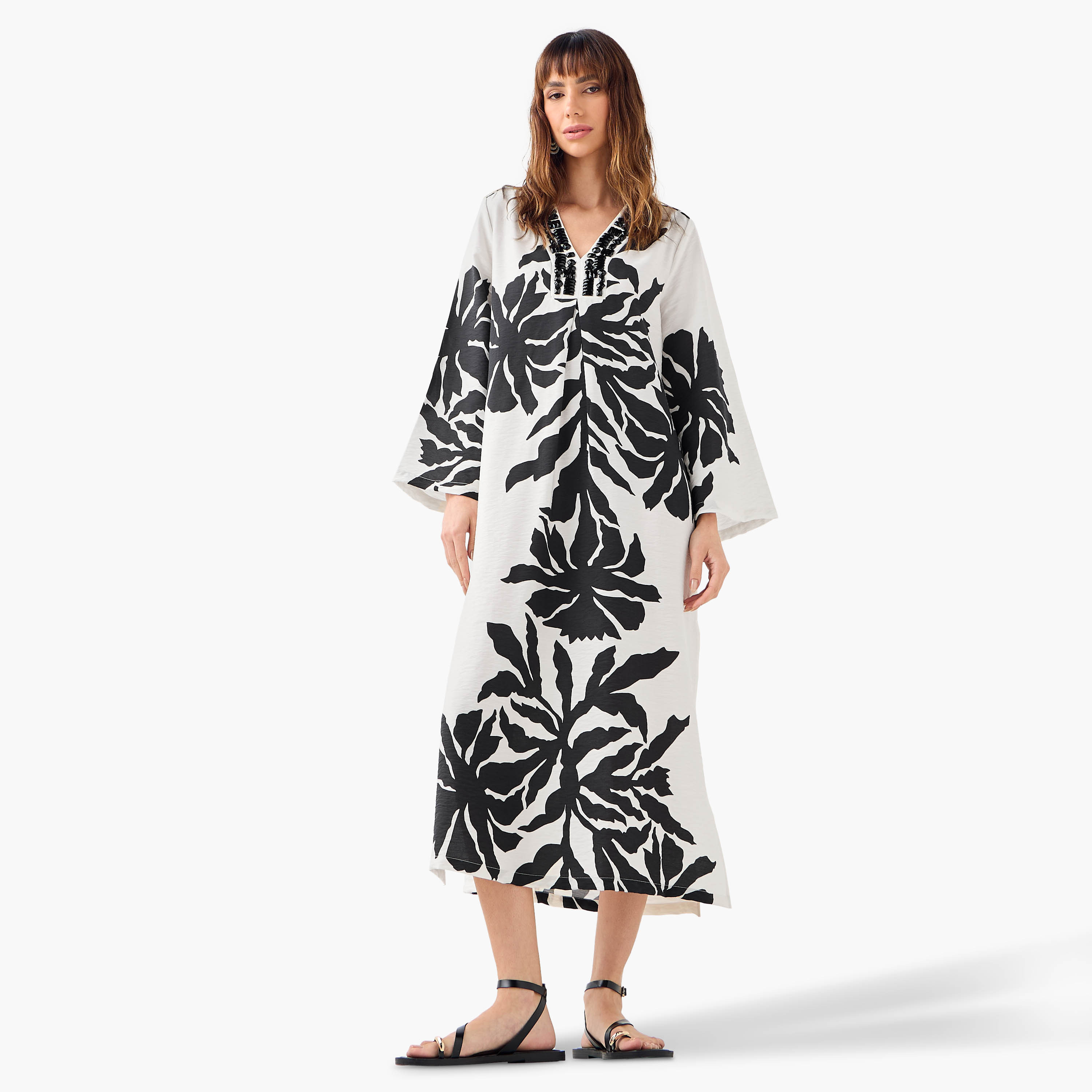 فستان مزين بياقة V مع فتحات وأكمام طويلة من آيكونيك-women-clothing-dresses-image-1