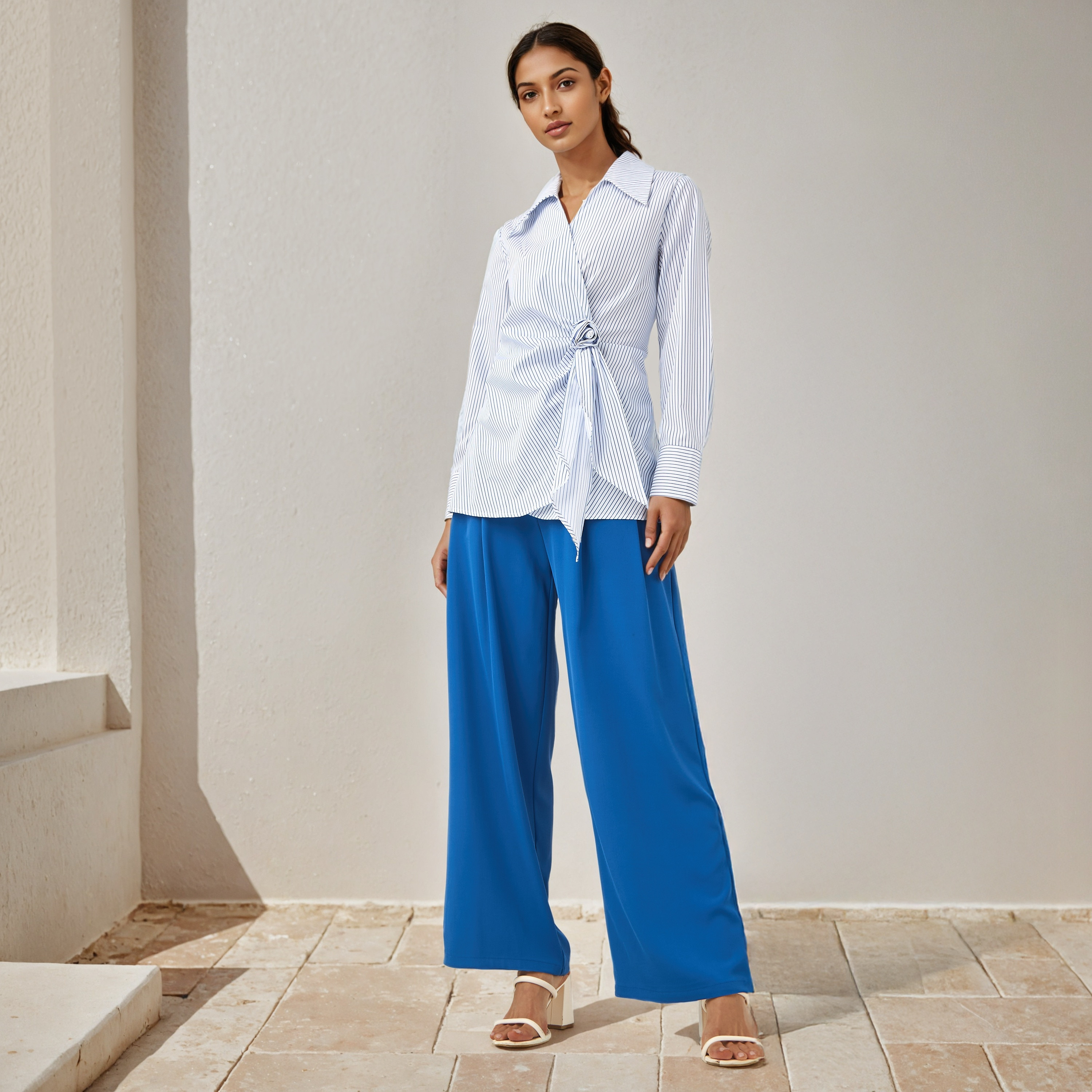 Iconic Striped Wrap Cotton Top with Rosette Detail-women-clothing-shirtsandblouses-blouses-image-2
