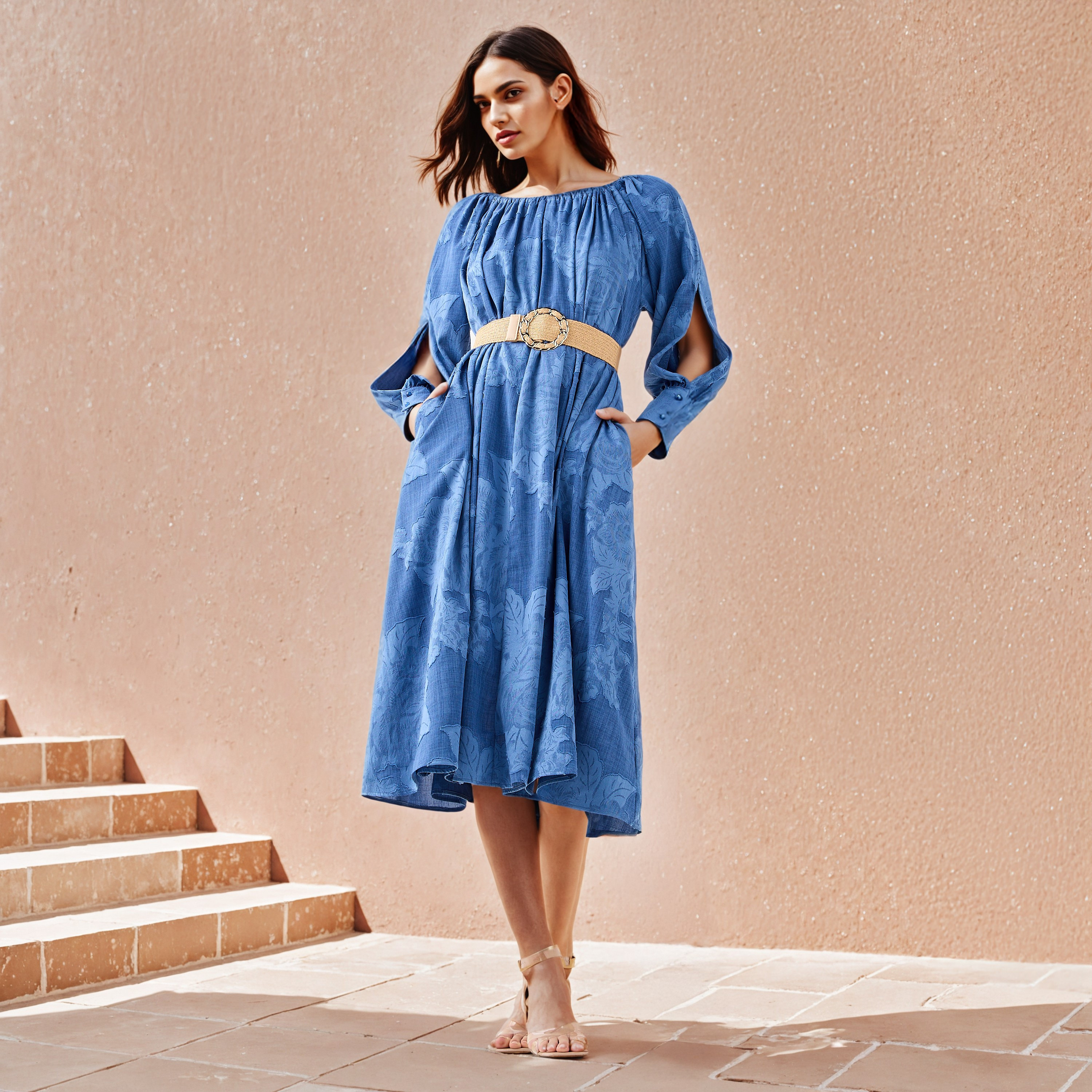 Iconic Floral Gathered Dress with Volume Sleeves and Pockets-women-clothing-dresses-image-1