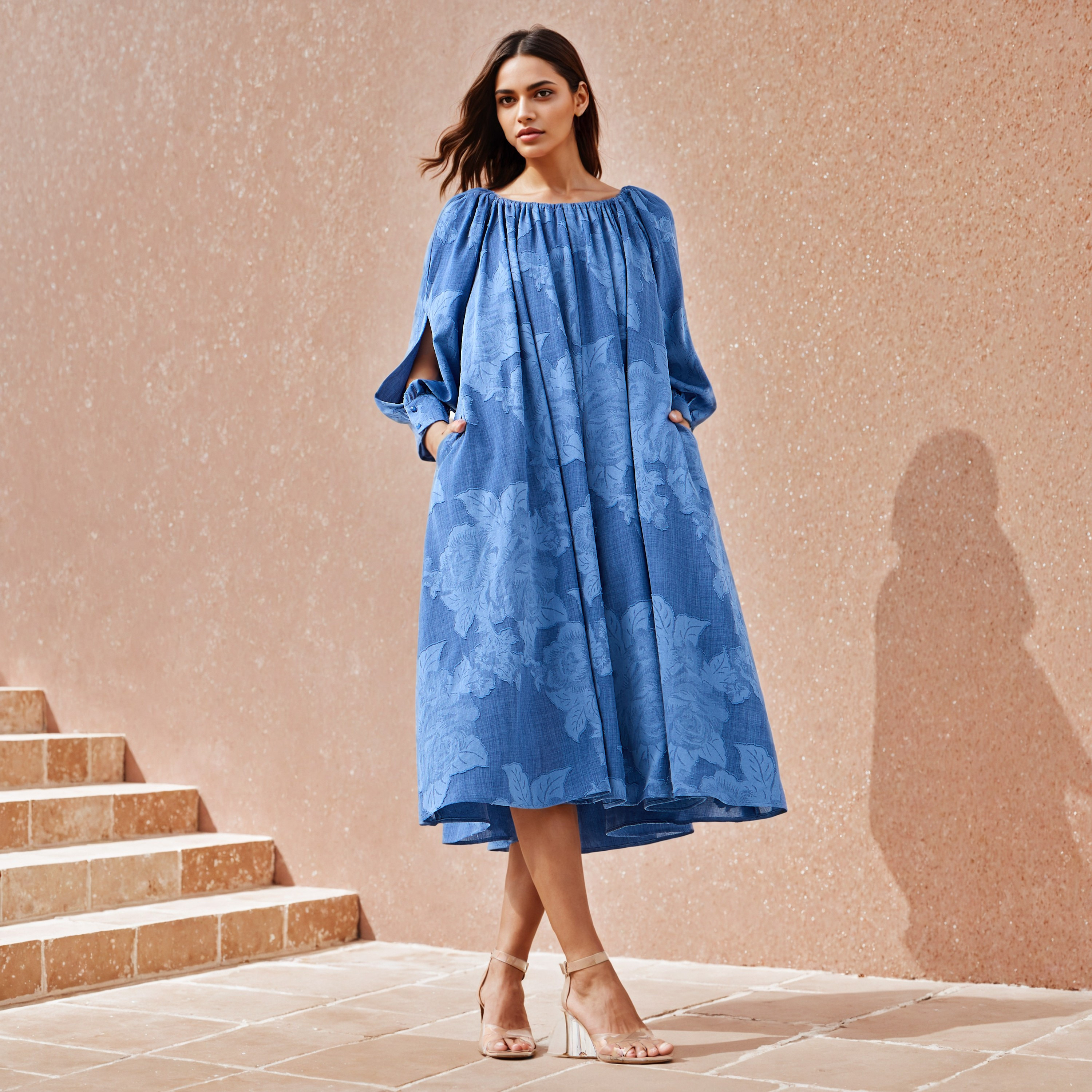 فستان بأكمام منفوخة وجيوب وطيّات وتزيينات زهرية من آيكونيك-women-clothing-dresses-image-2