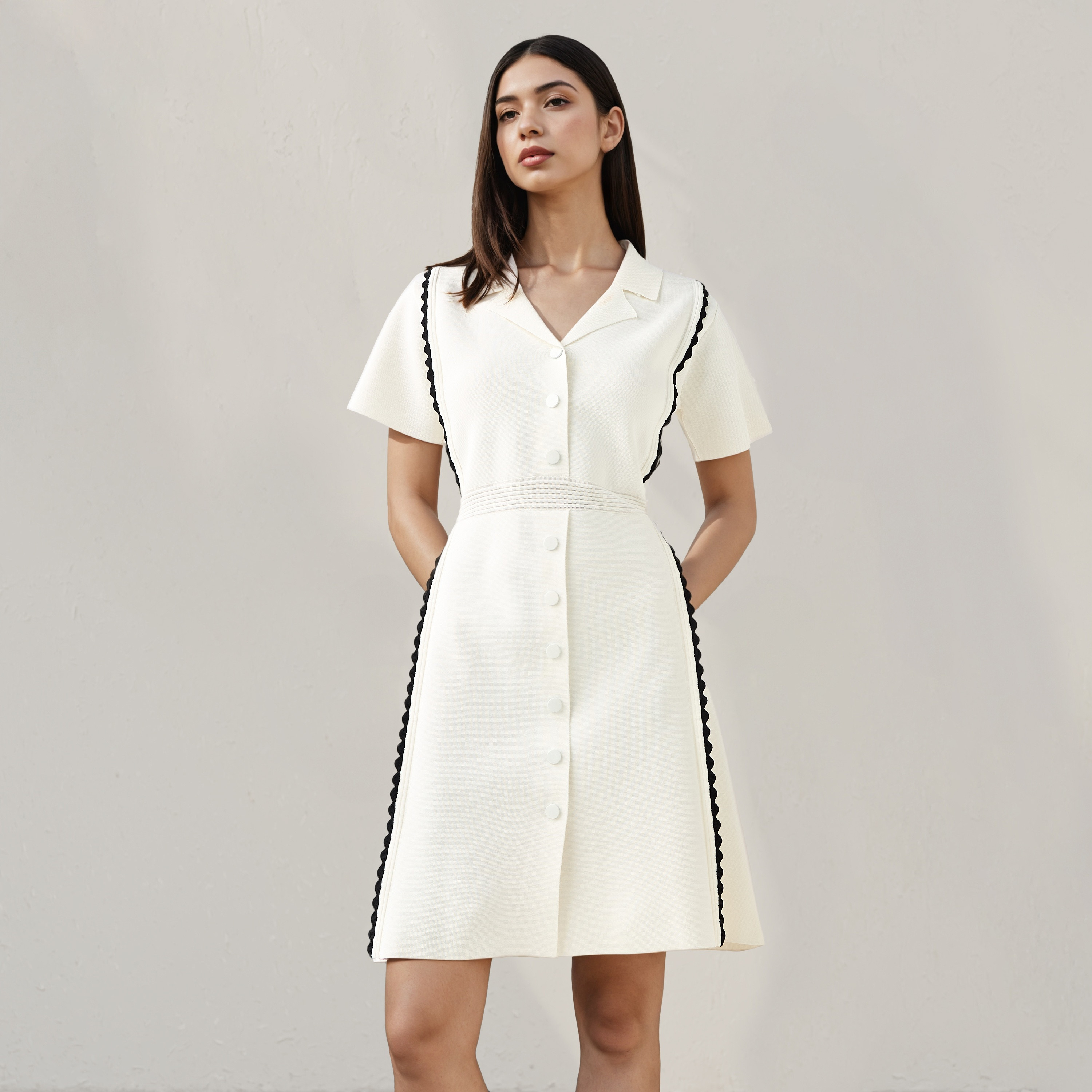 Iconic Contrast Trim Shirt Dress with Collar-women-clothing-dresses-image-1