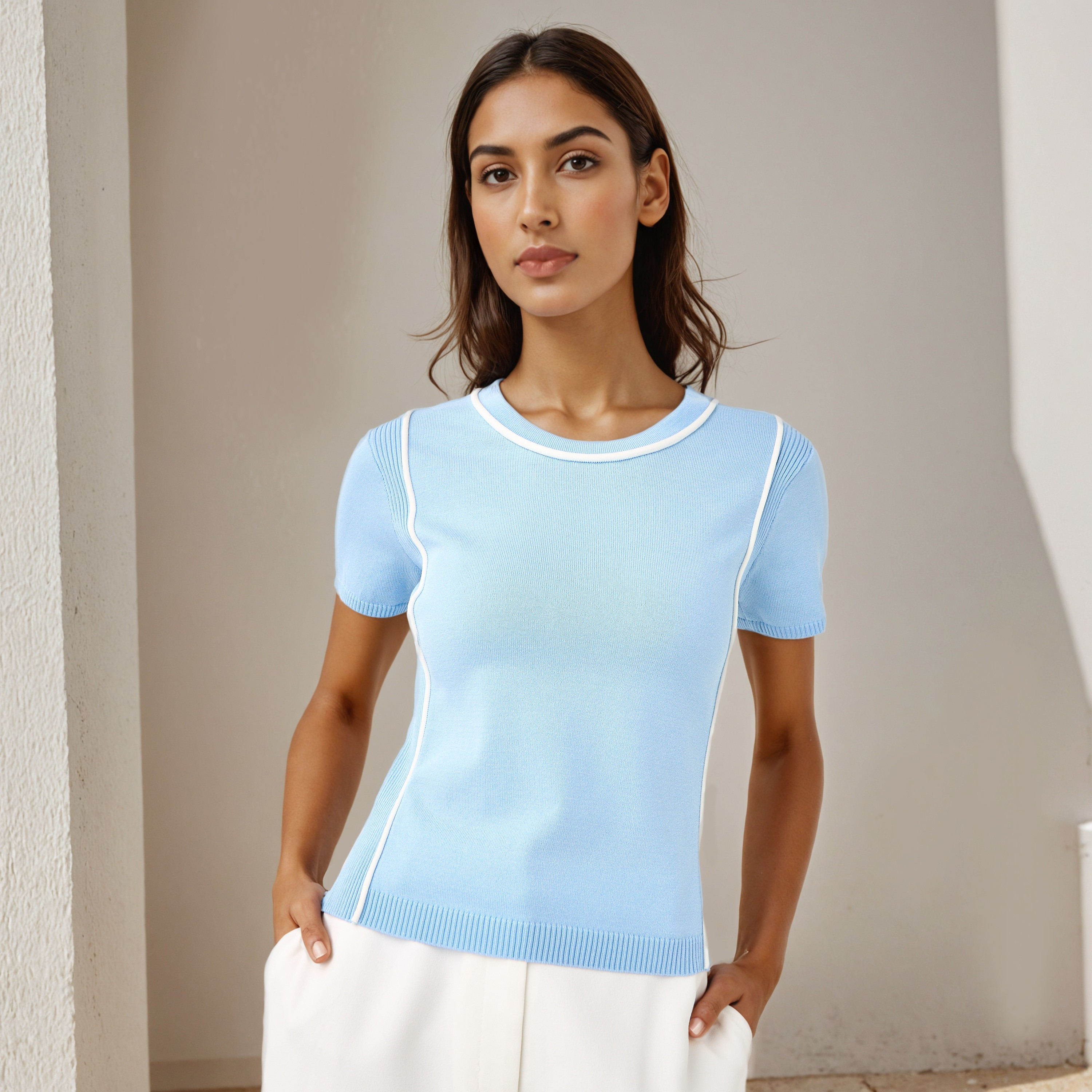 Iconic Ribbed T-shirt with Contrast Piping-women-clothing-tshirts-image-1