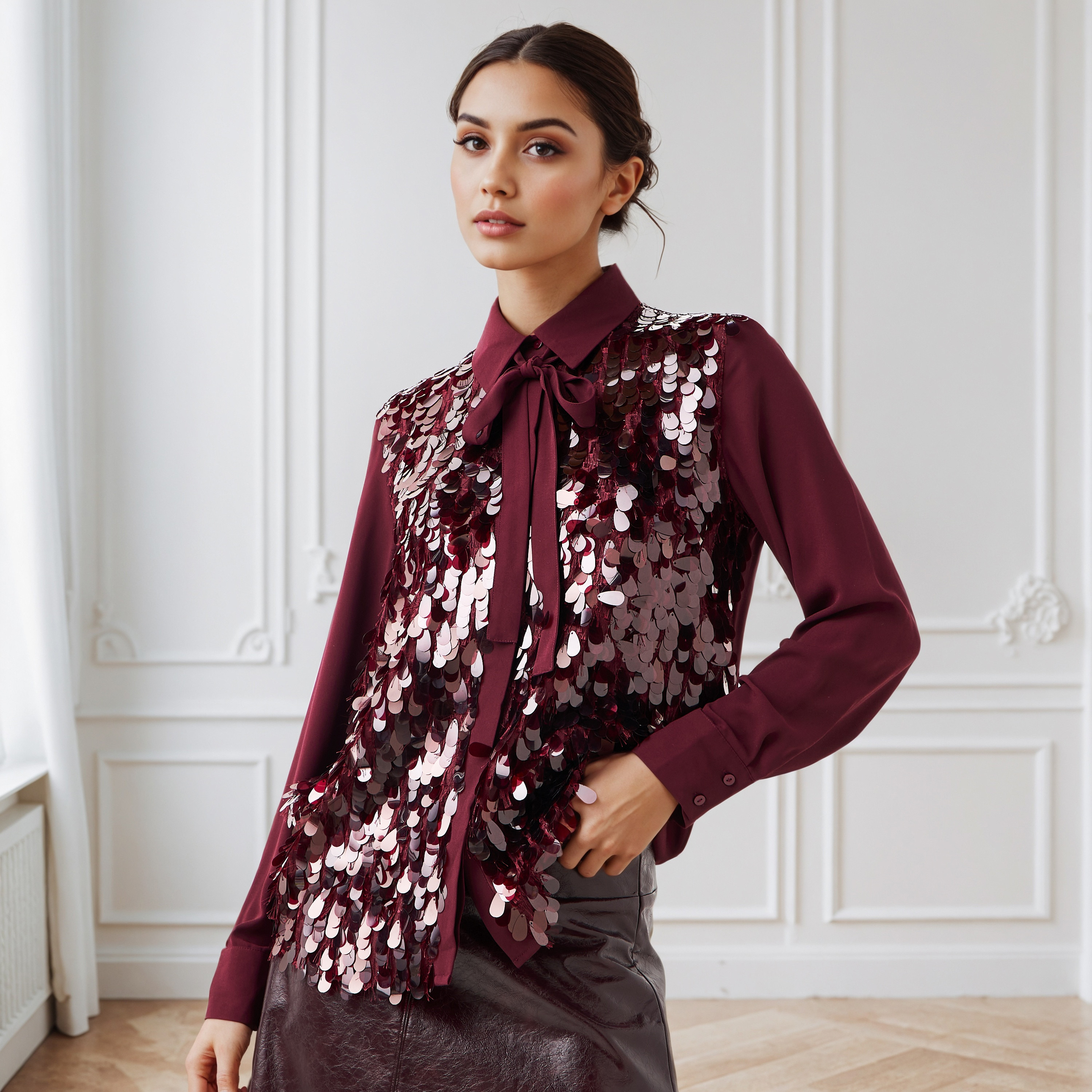 قميص بقصّة عادية مع ربطة عنق وتفاصيل ترتر من آيكونيك-women-clothing-shirtsandblouses-shirts-image-1