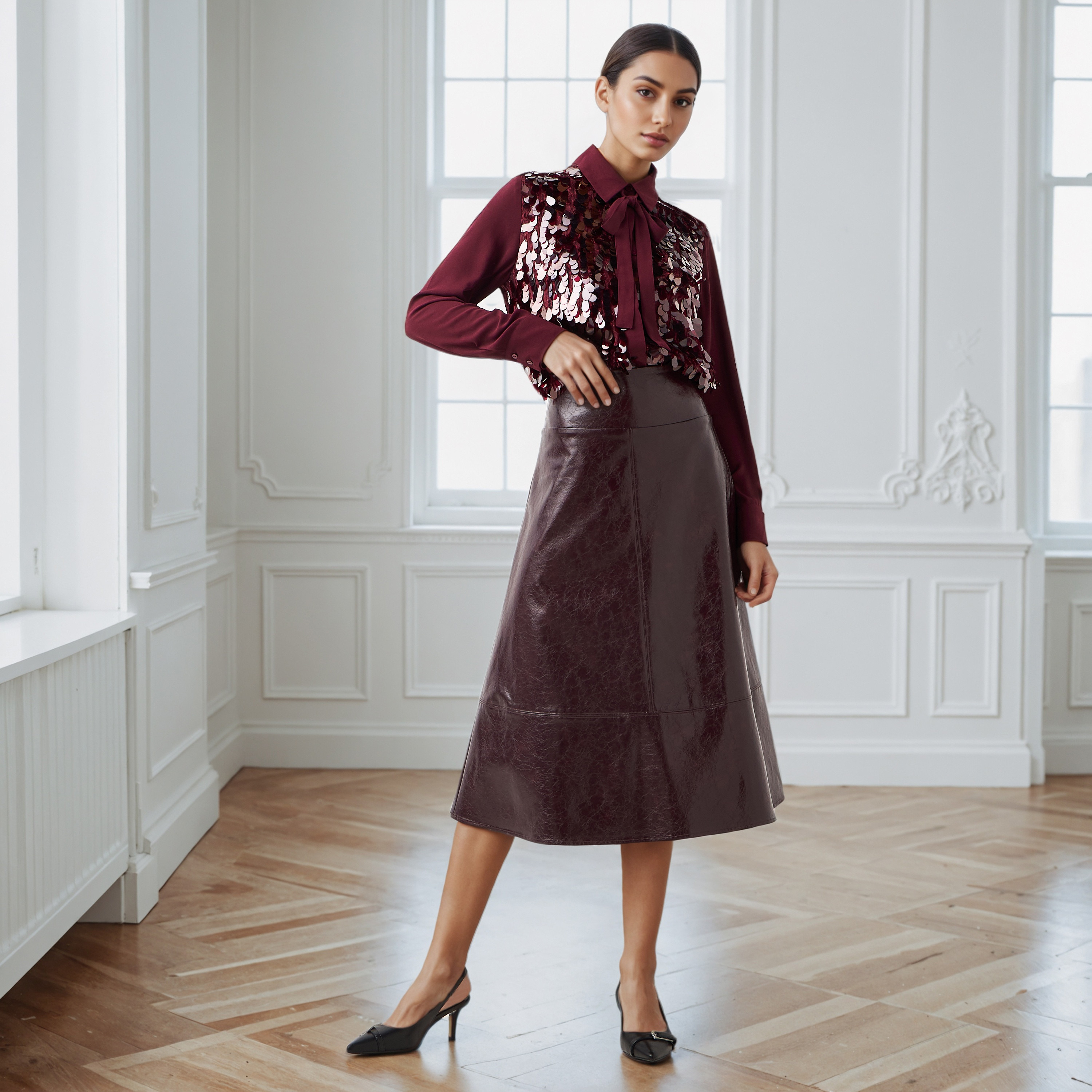 قميص بقصّة عادية مع ربطة عنق وتفاصيل ترتر من آيكونيك-women-clothing-shirtsandblouses-shirts-image-2
