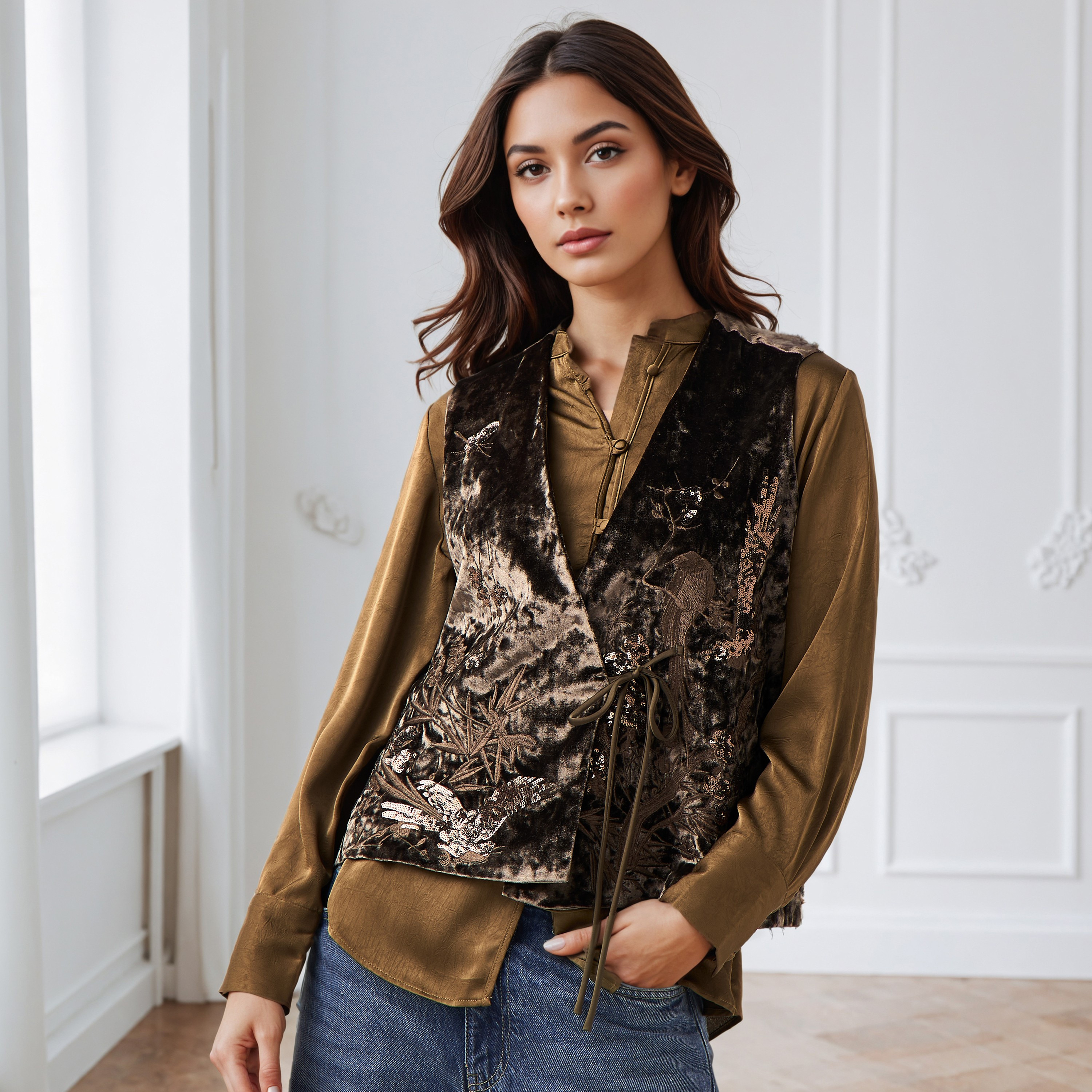 Iconic Regular Fit Shirt with Velvet Coat Sequin Embroidered-women-clothing-shirtsandblouses-shirts-image-1