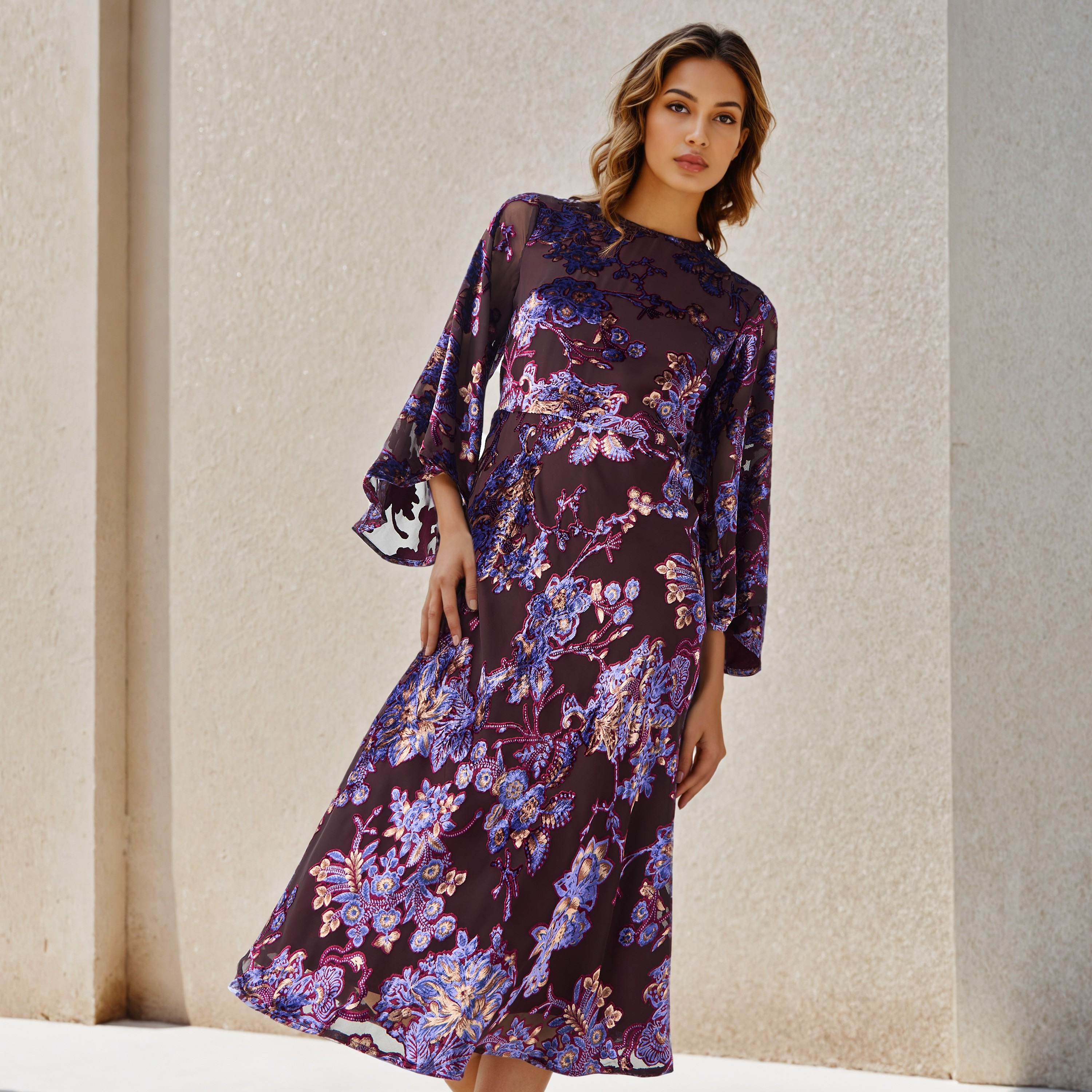 Iconic A-line Midi Dress with Flared Sleeves-women-clothing-dresses-image-2