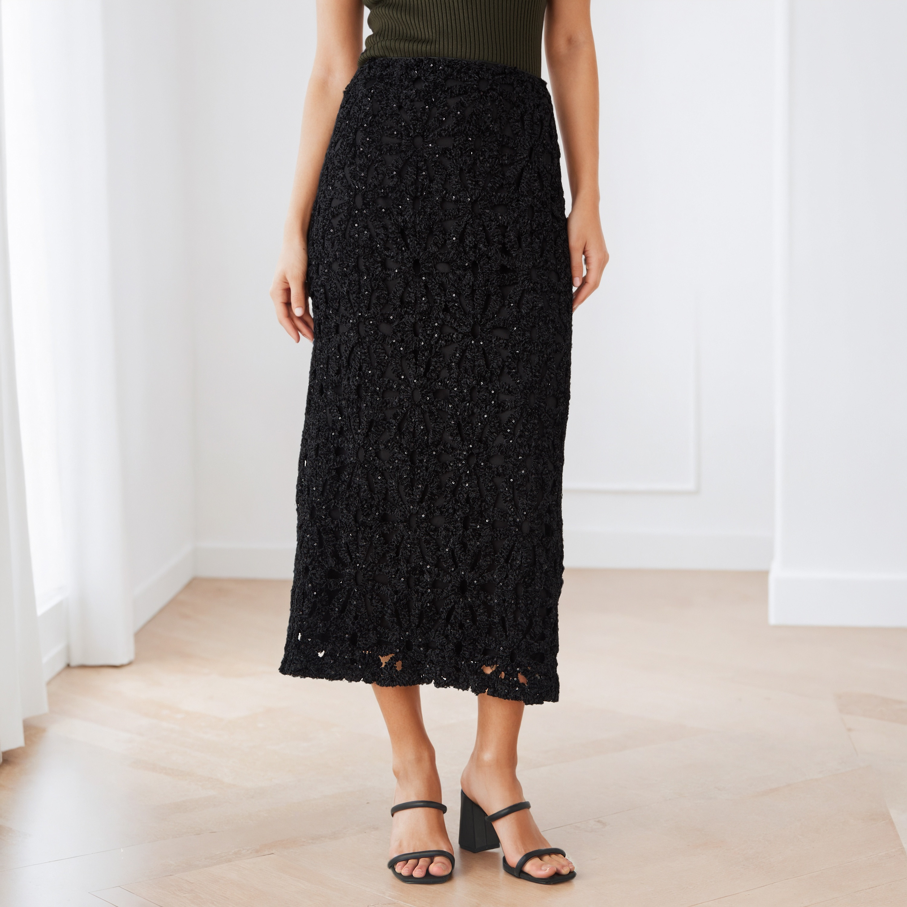 Iconic Sequin Embellished Lace Detail Pencil Skirt with Zip Closure-women-clothing-bottoms-skirts-image-1