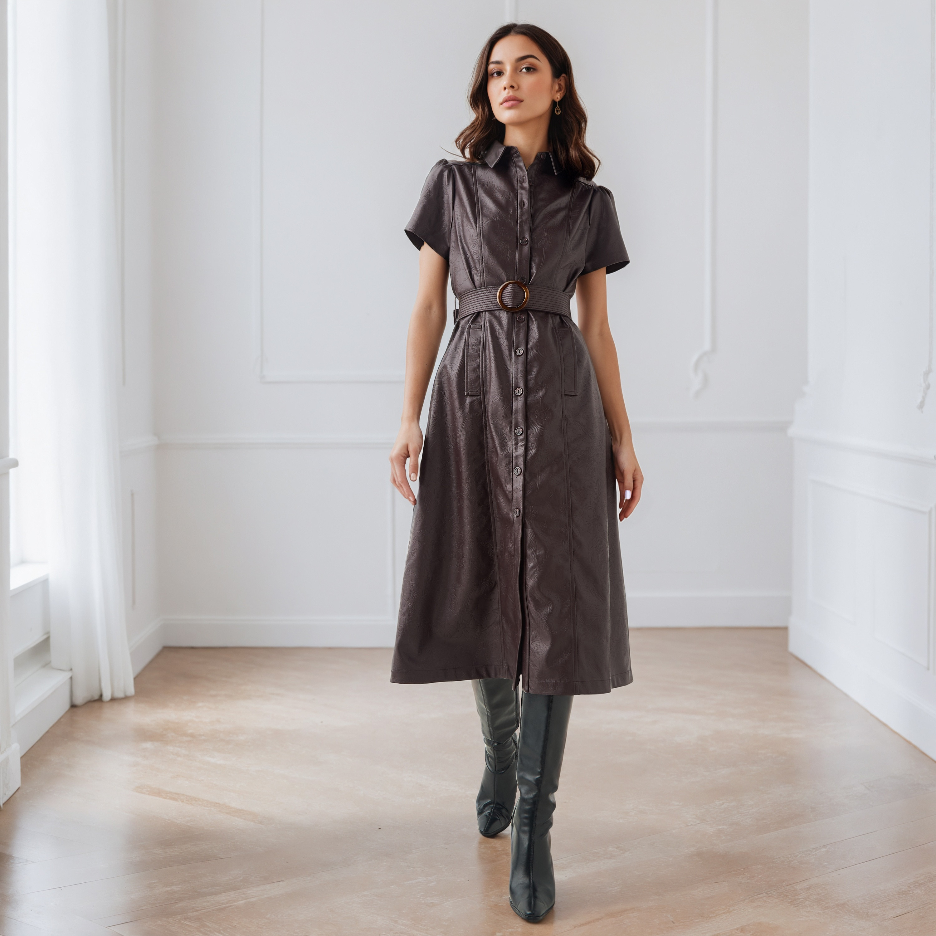 فستان قميص بارز الملمس مع حزام من آيكونيك-women-clothing-dresses-image-3
