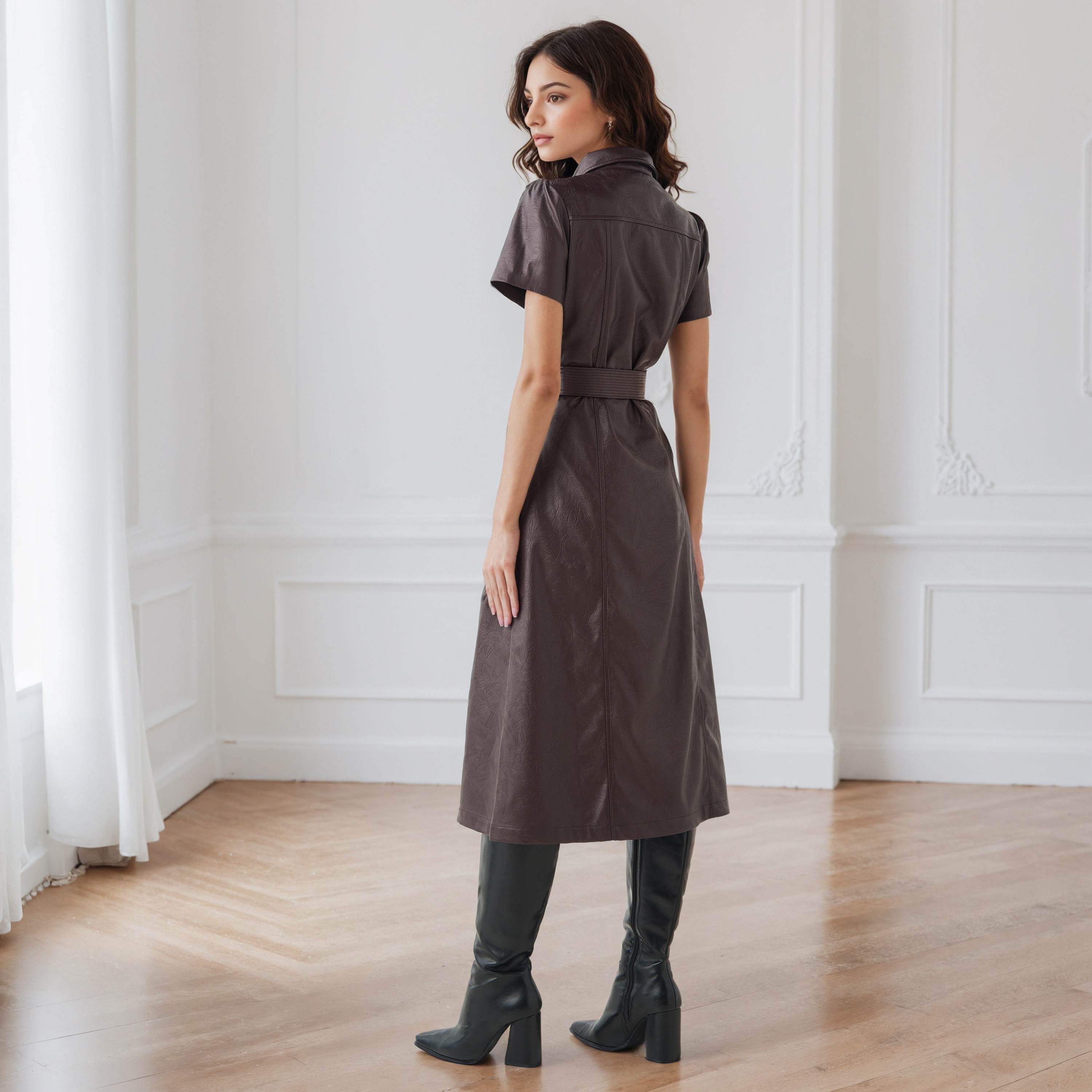 فستان قميص بارز الملمس مع حزام من آيكونيك-women-clothing-dresses-image-4