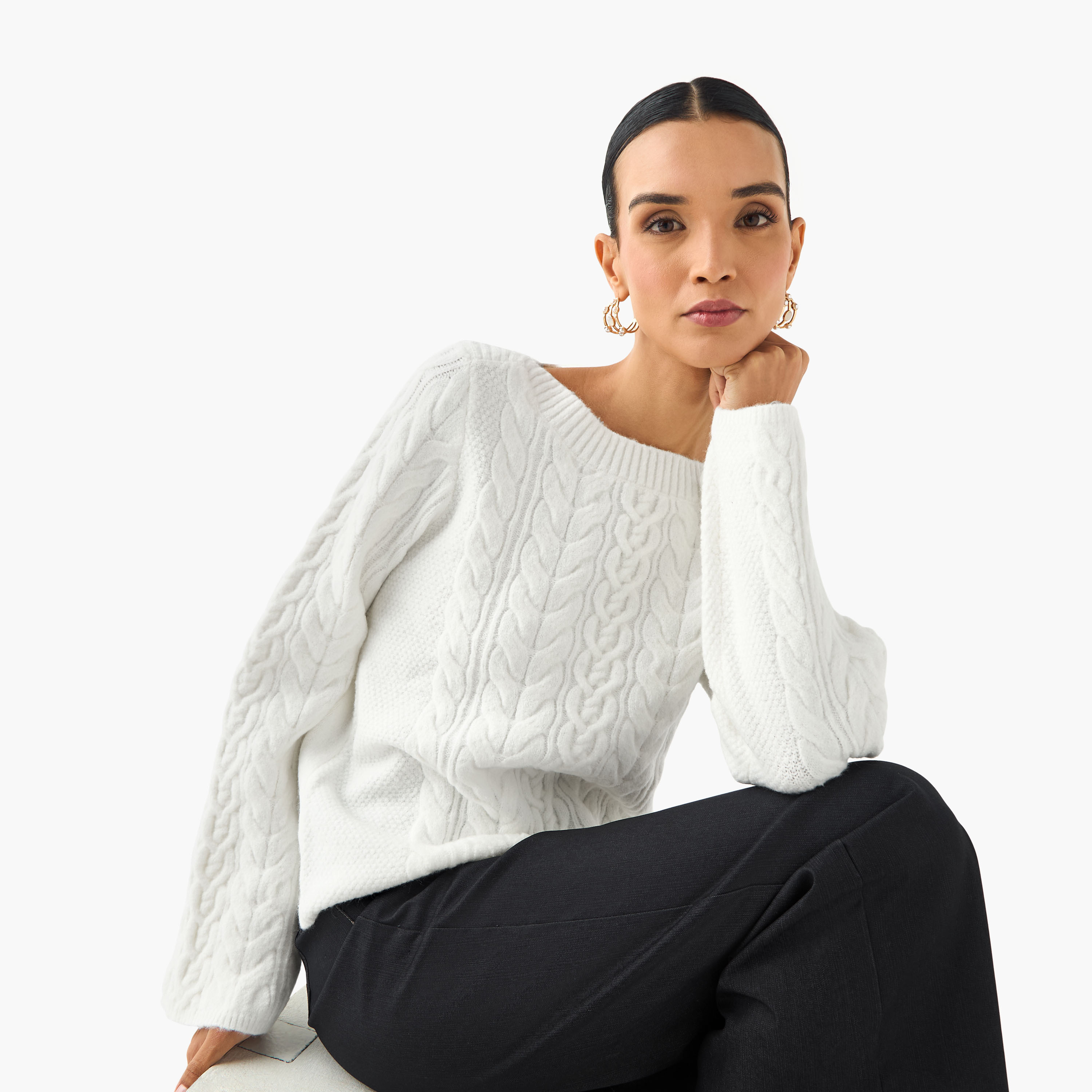 كنزة بياقة ضيقة وقصة عادية وحياكة كابل من آيكونيك-women-clothing-cardigansandjumpers-jumpers-image-6