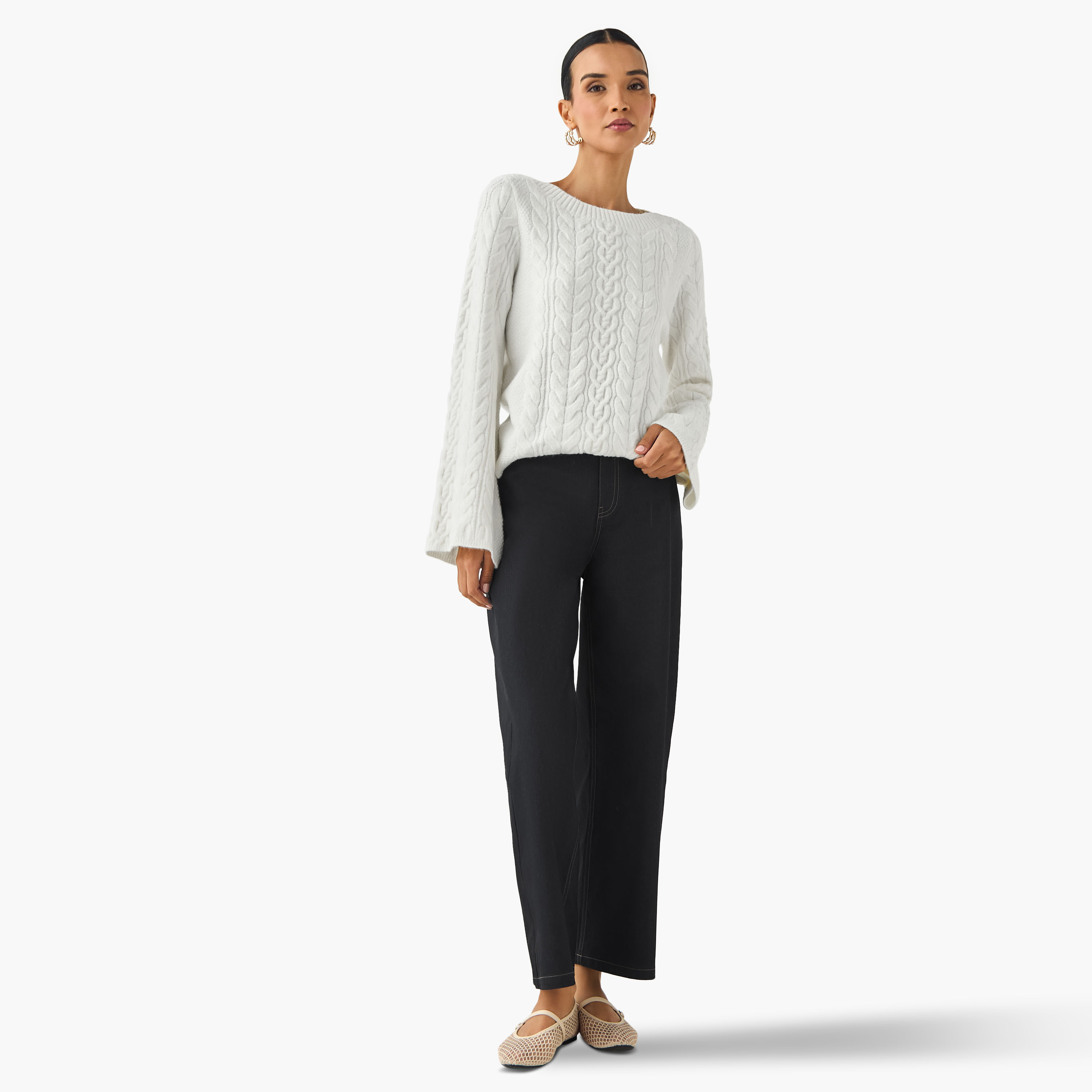 كنزة بياقة ضيقة وقصة عادية وحياكة كابل من آيكونيك-women-clothing-cardigansandjumpers-jumpers-image-5