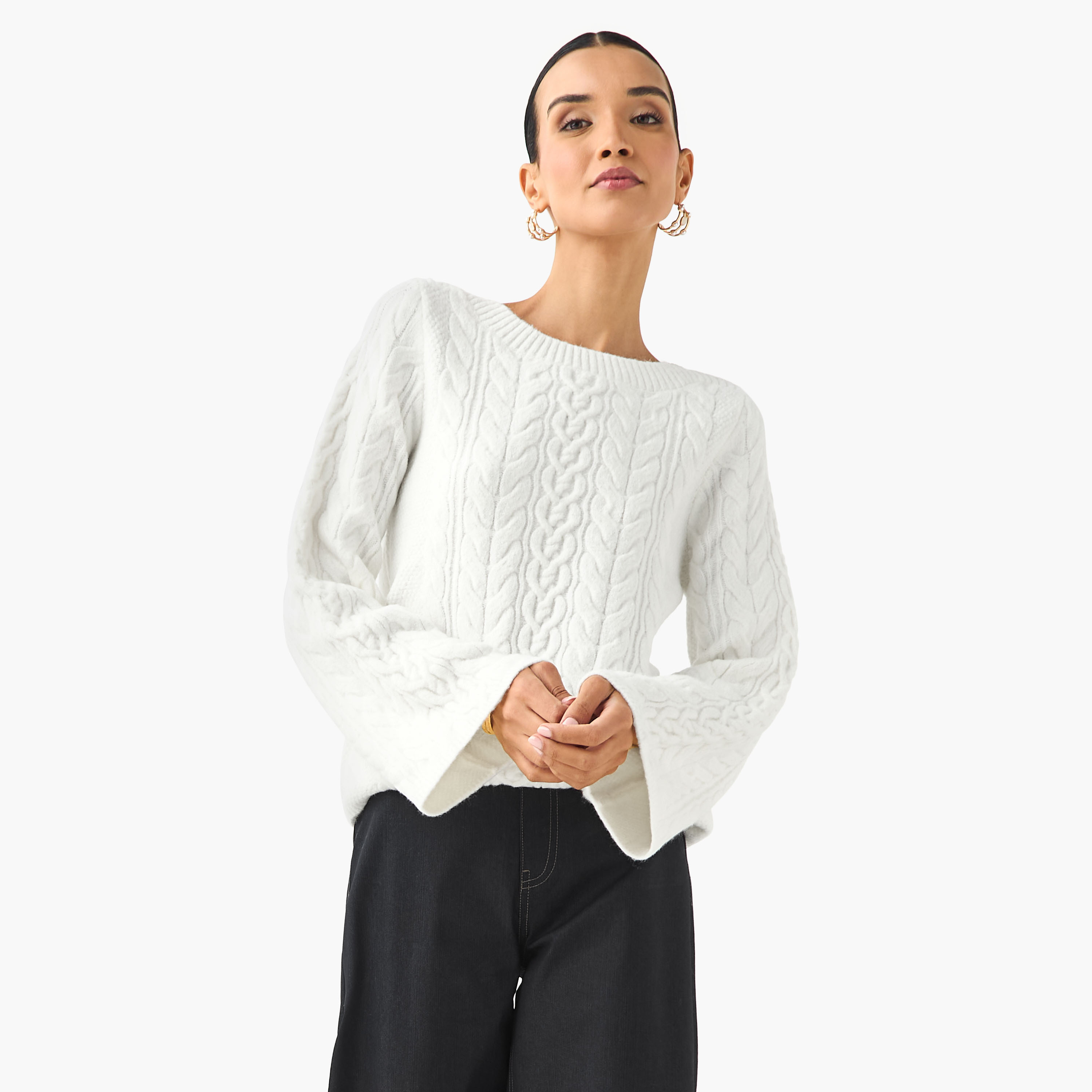 كنزة بياقة ضيقة وقصة عادية وحياكة كابل من آيكونيك-women-clothing-cardigansandjumpers-jumpers-image-1