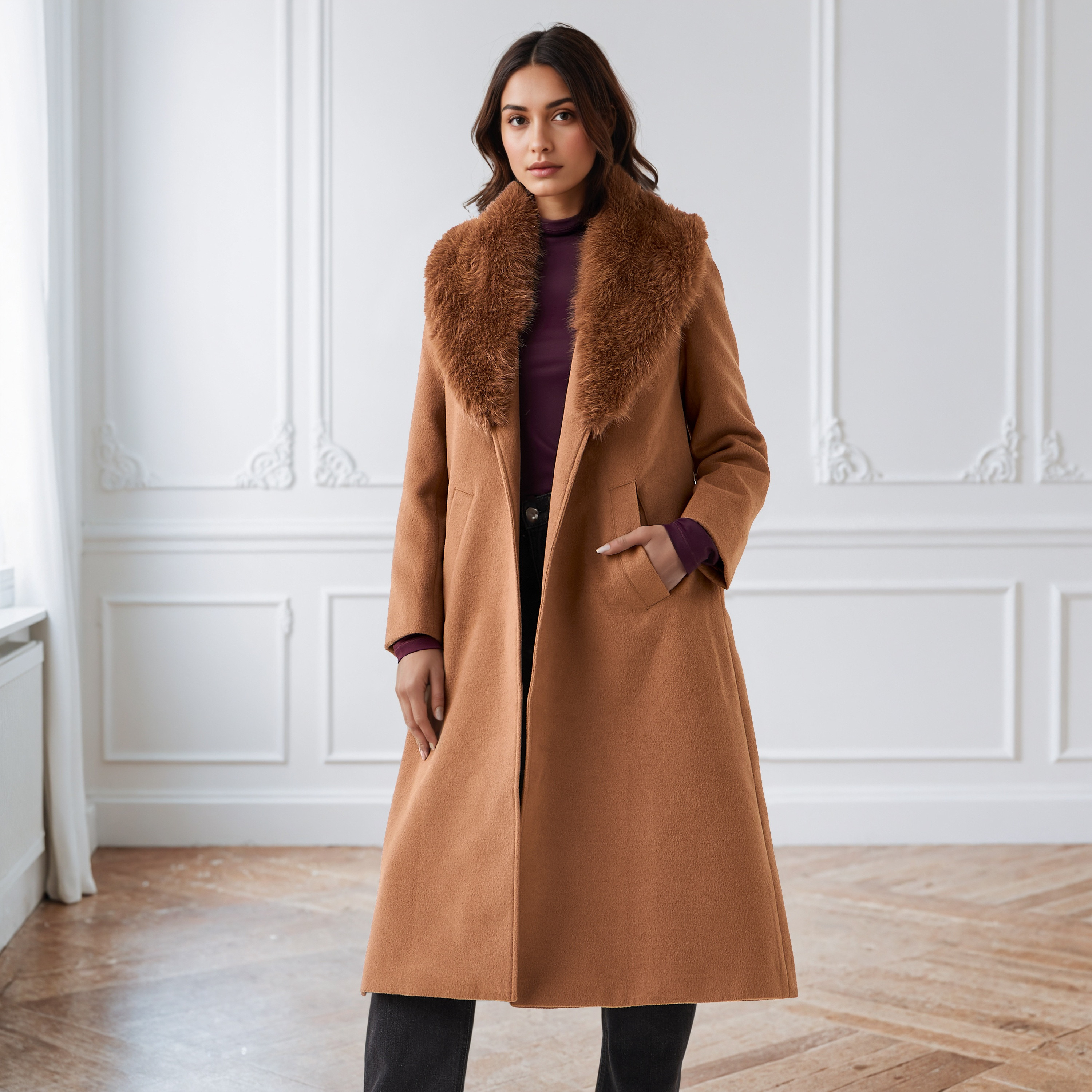 معطف ترنش عادي بياقة فرو صناعي قابلة للإزالة من آيكونيك-women-winterwear-coatsandjackets-coats-image-2