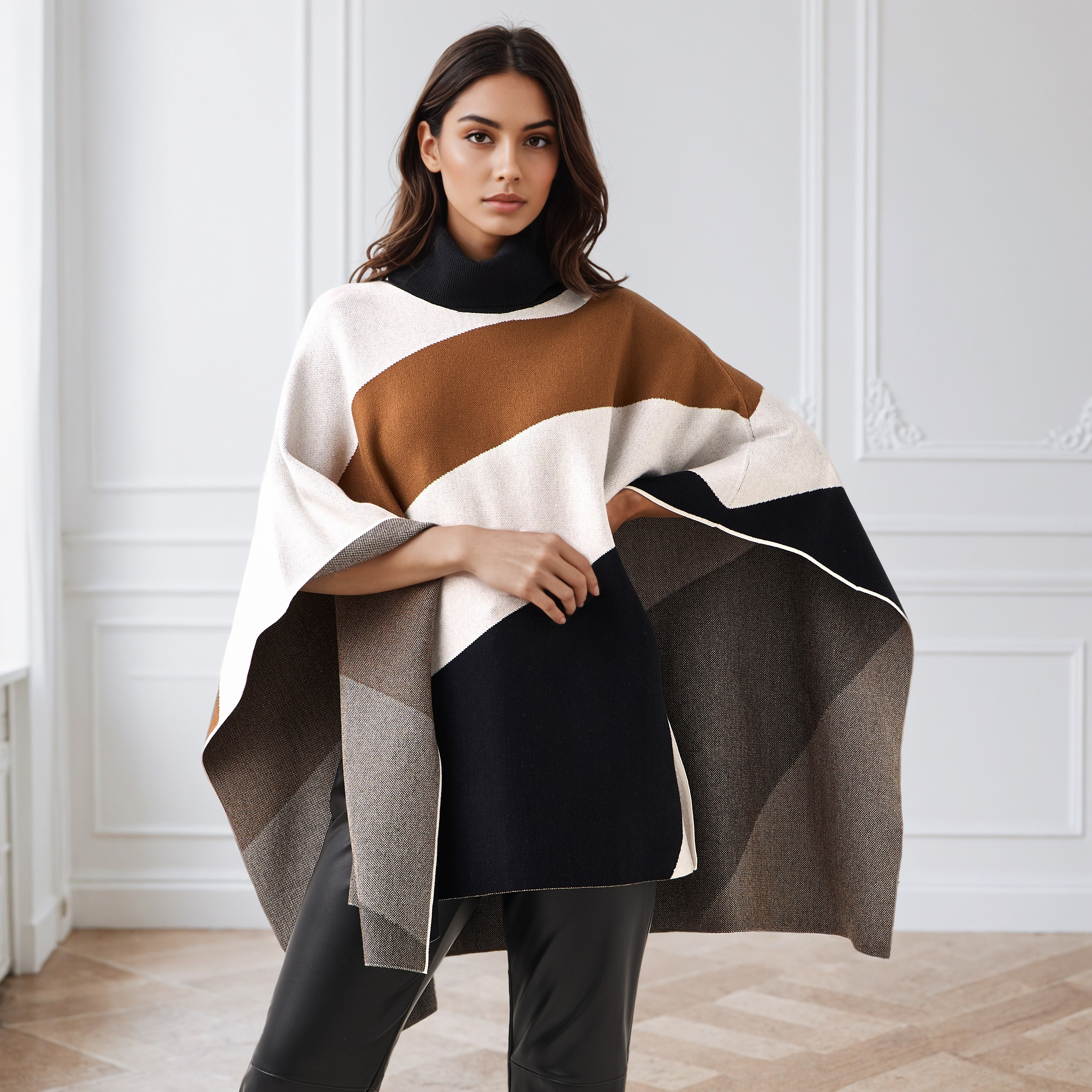 Iconic Colourblock High Neck Poncho-women-winterwear-cardigansandjumpers-cardigans-image-1