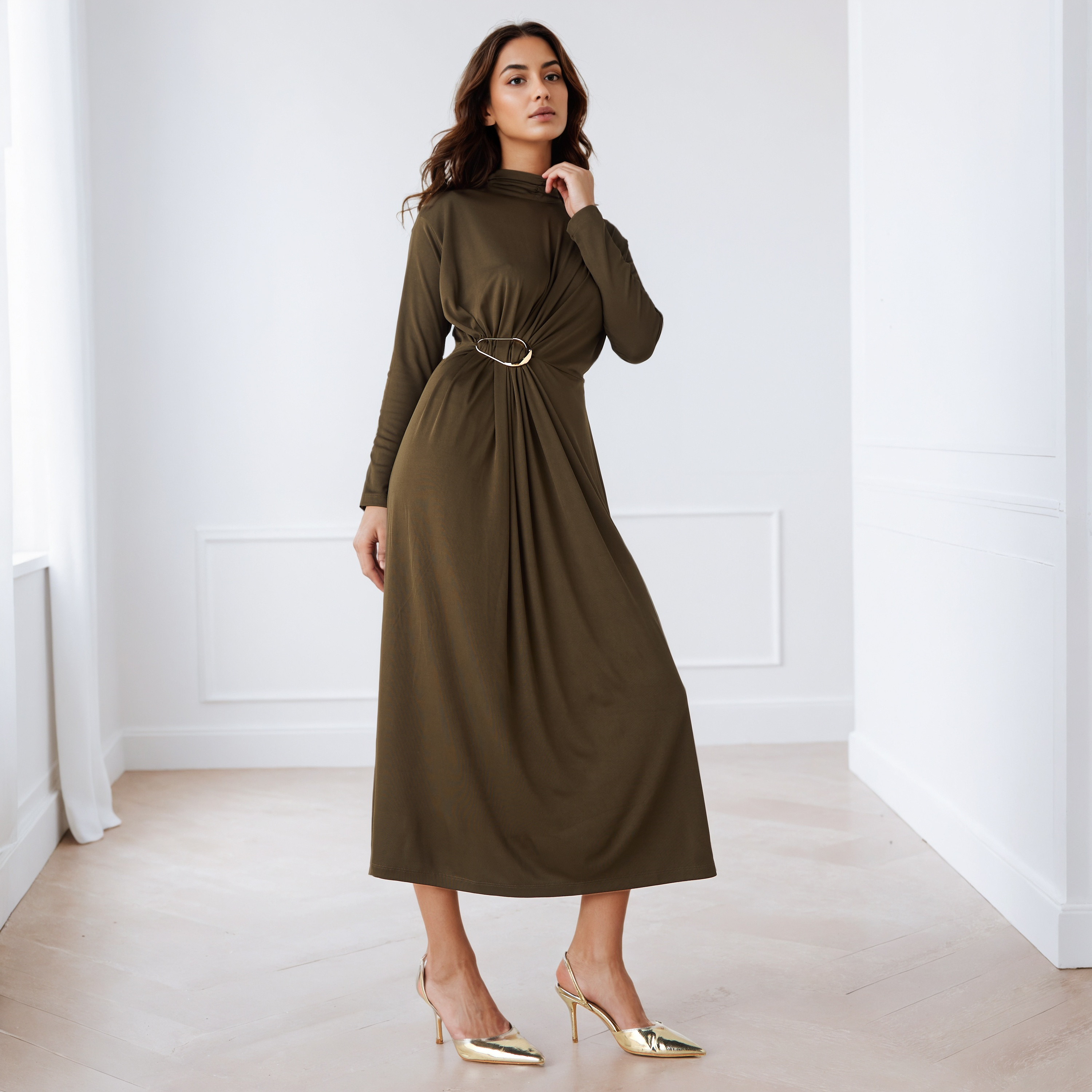 Iconic Textured Midi Dress with High Neck-women-clothing-dresses-image-1